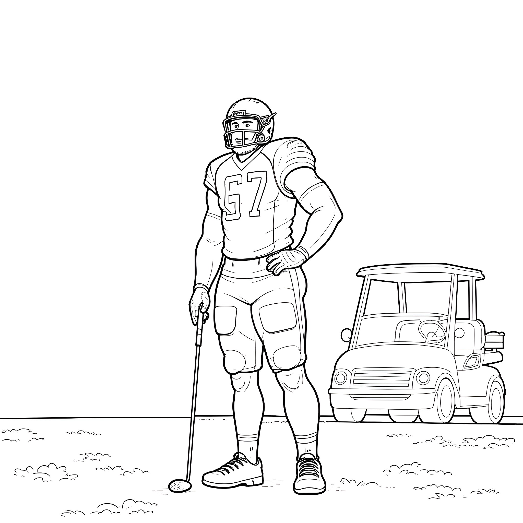 Lineman standing next to utility vehicle on field Coloring Page (free black-and-white line drawing printable PDF for all, from beginners to advanced learners, including children, teens, adults, and seniors)