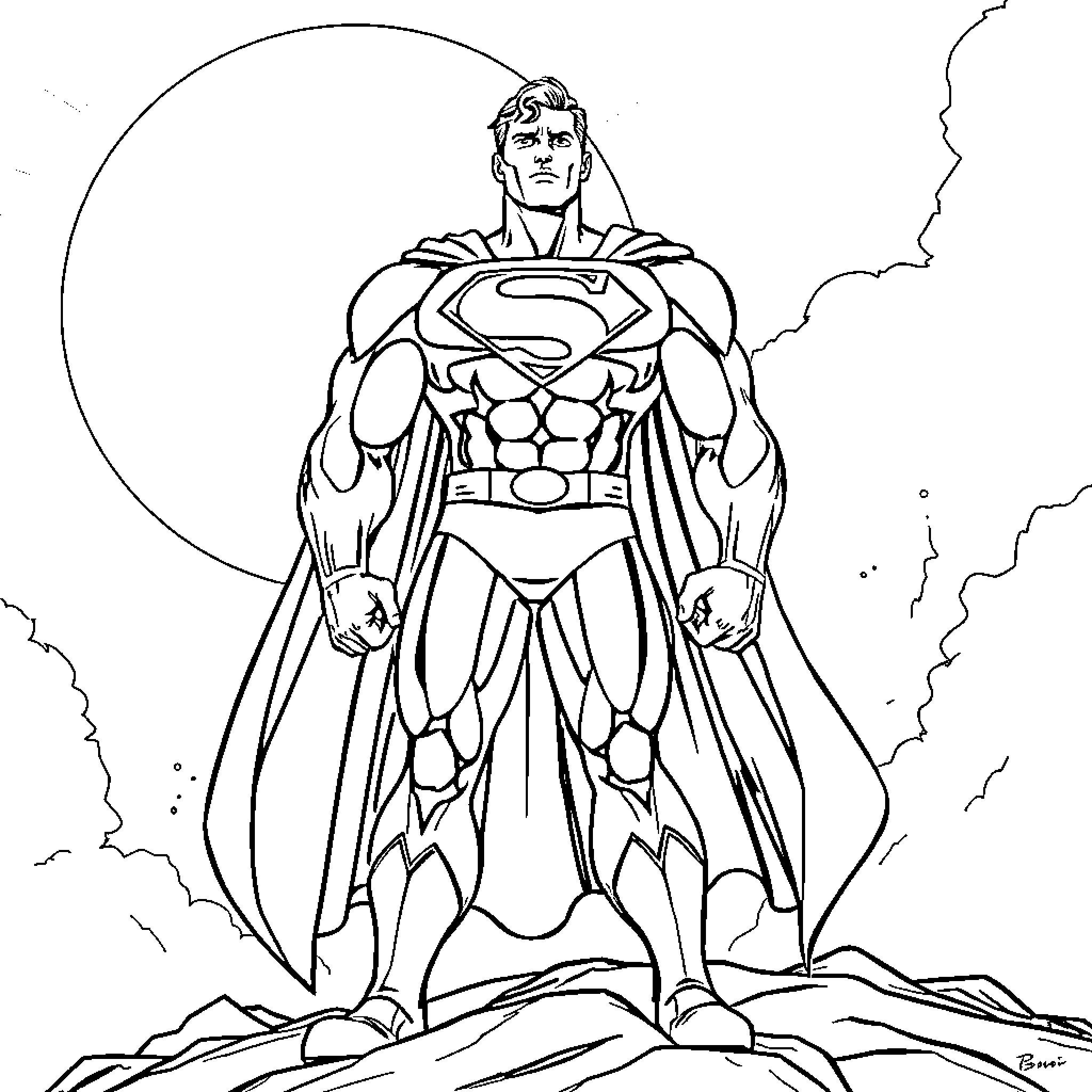 Superman standing heroically in the storm Coloring Page (free black-and-white line drawing printable PDF for all, from beginners to advanced learners, including children, teens, adults, and seniors)