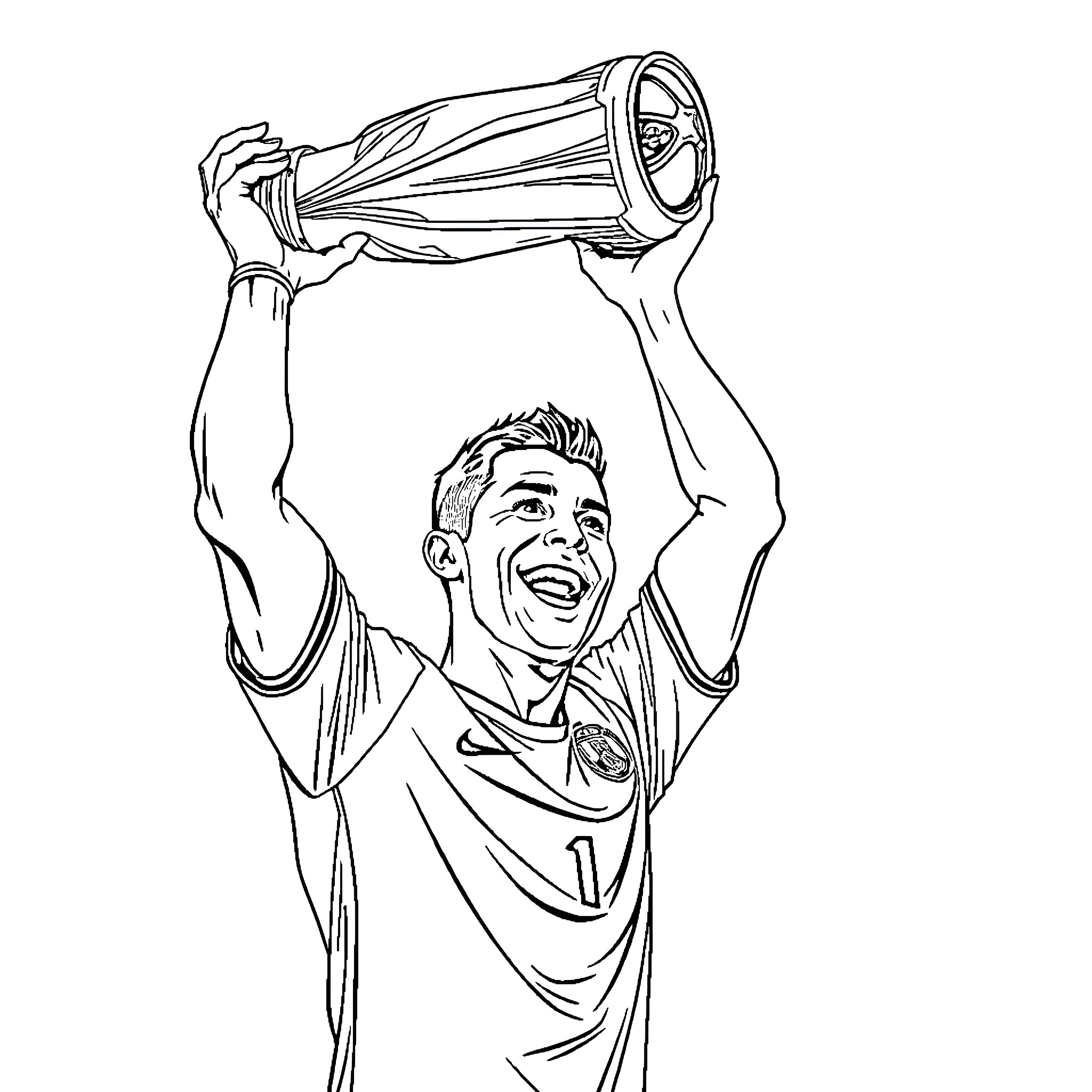 Ronaldo triumphantly holding soccer trophy Coloring Page (free black-and-white line drawing printable PDF for all, from beginners to advanced learners, including children, teens, adults, and seniors)