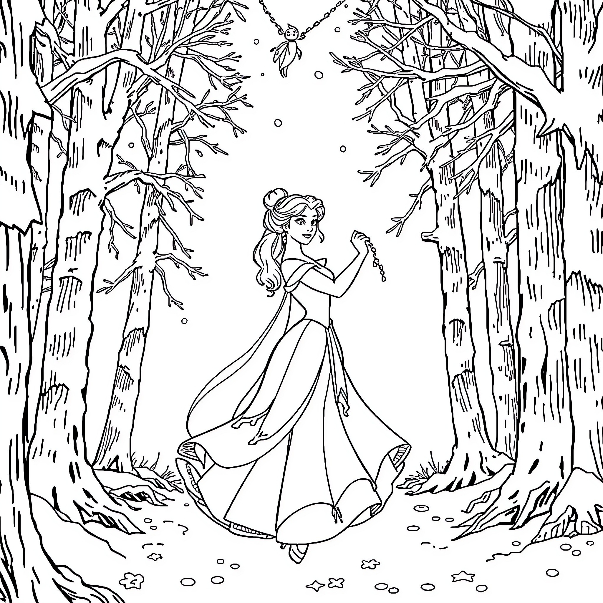 Belle exploring the enchanted forest Coloring Page (free black-and-white line drawing printable PDF for all, from beginners to advanced learners, including children, teens, adults, and seniors)