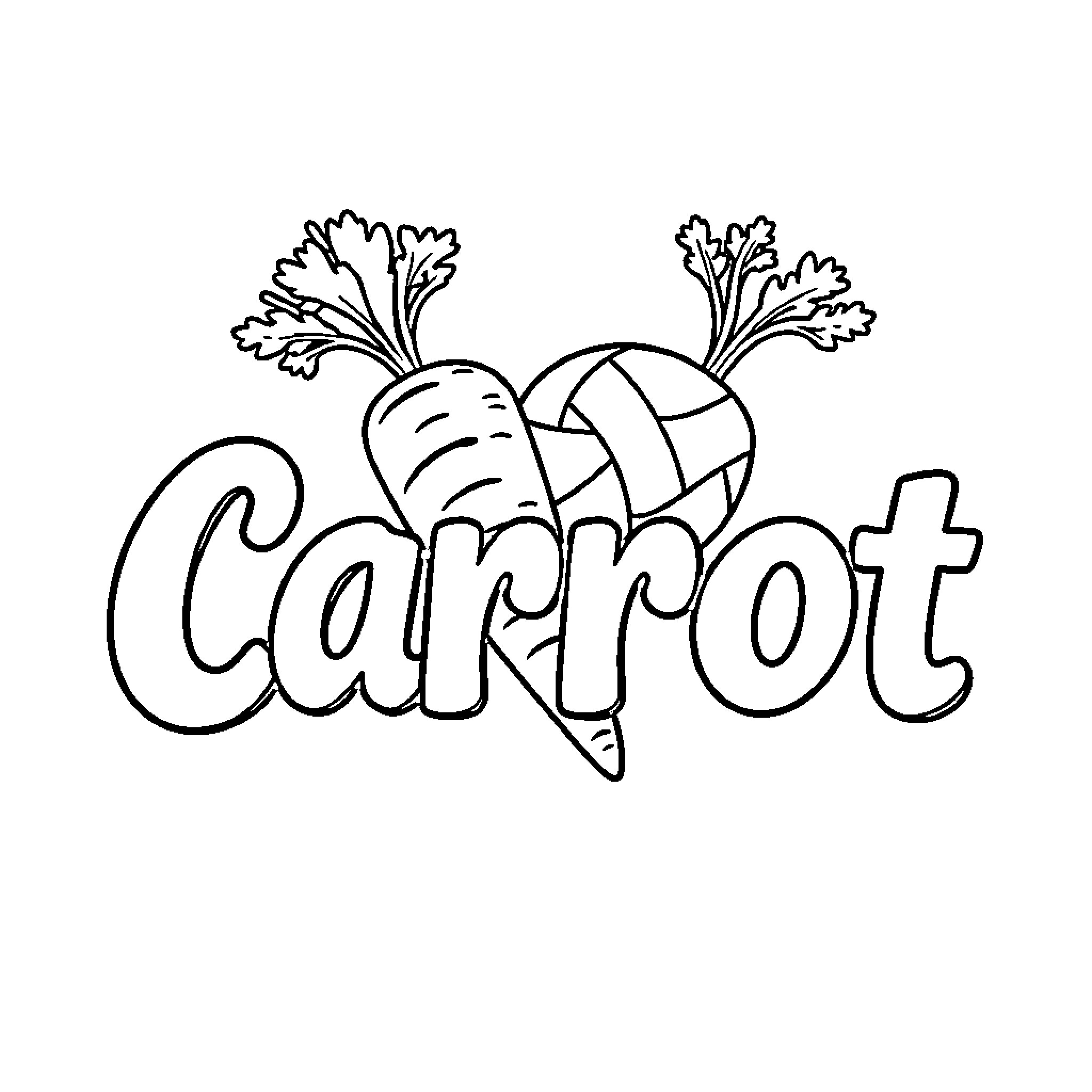 Carrot with Whimsical Typography Coloring Page (free black-and-white line drawing printable PDF for all, from beginners to advanced learners, including children, teens, adults, and seniors)
