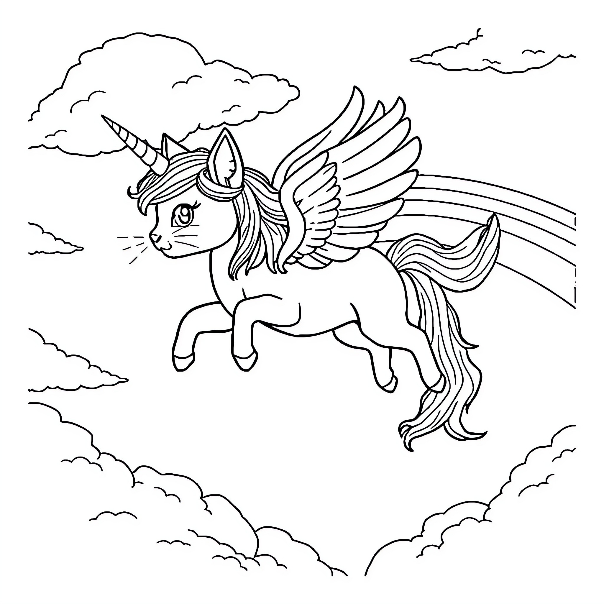 Unicorn Cat soaring through the clouds Coloring Page (free black-and-white line drawing printable PDF for all, from beginners to advanced learners, including children, teens, adults, and seniors)