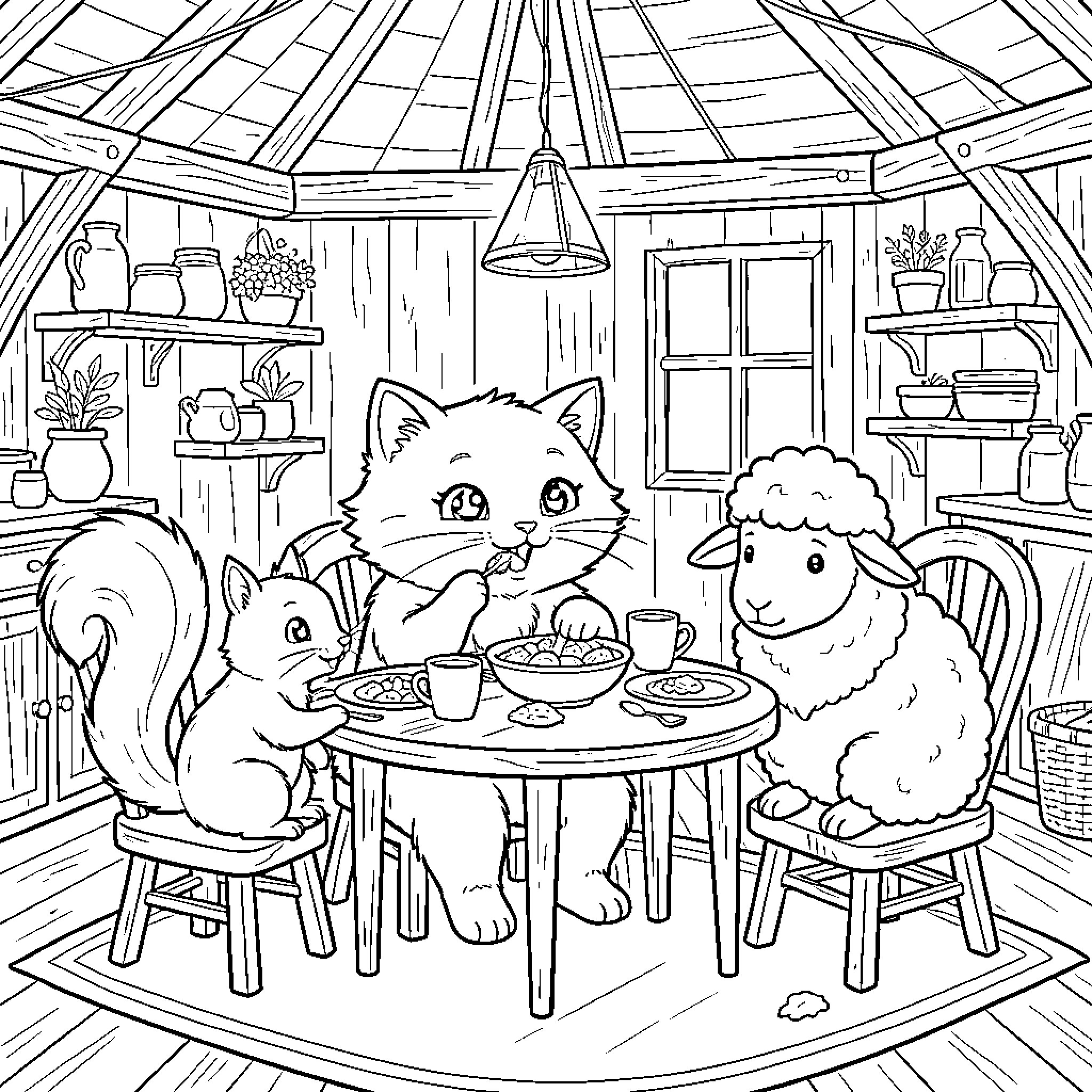 Cats and Sheep Sharing a Meal in a Cozy Cabin Coloring Page (free black-and-white line drawing printable PDF for all, from beginners to advanced learners, including children, teens, adults, and seniors)