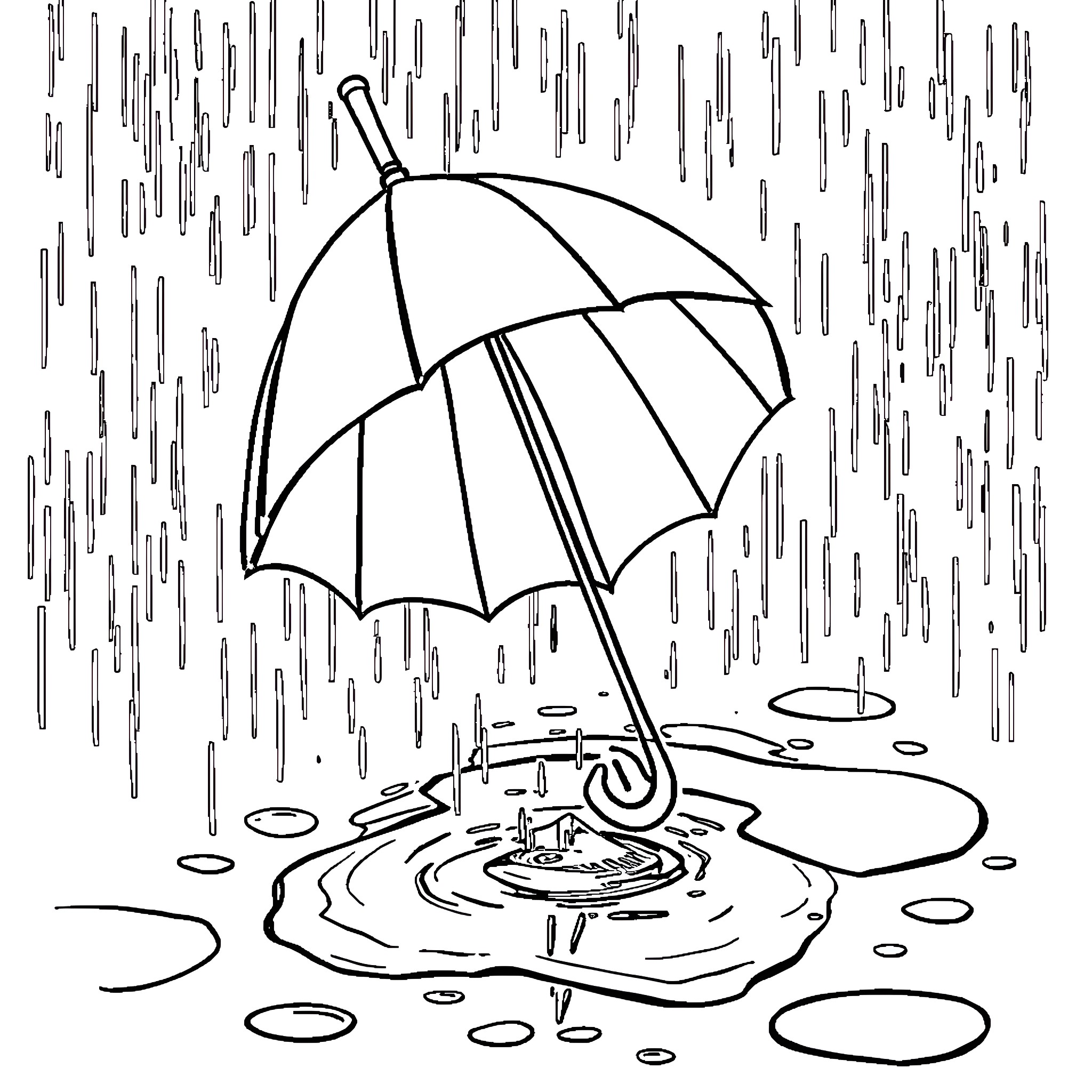 Umbrella shielding from heavy rainfall Coloring Page (free black-and-white line drawing printable PDF for all, from beginners to advanced learners, including children, teens, adults, and seniors)