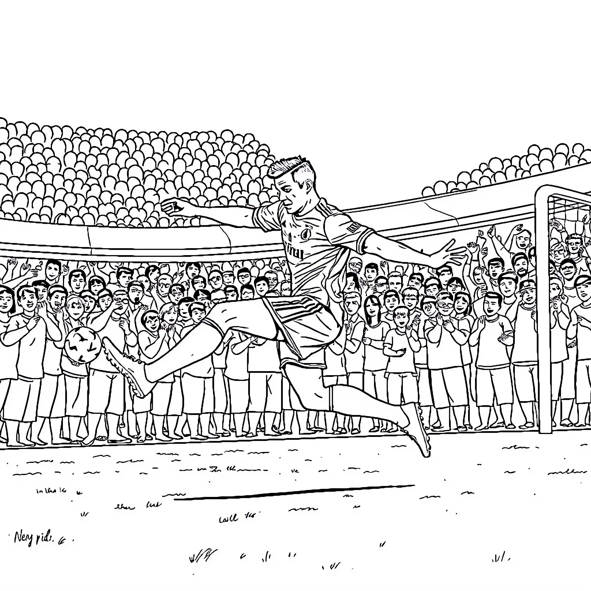 Ronaldo celebrating football triumph in front of crowd Coloring Page (free black-and-white line drawing printable PDF for all, from beginners to advanced learners, including children, teens, adults, and seniors)