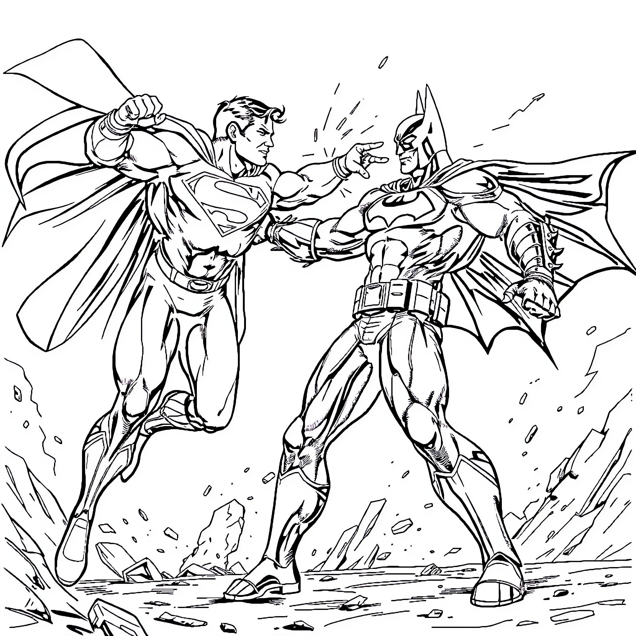 Superman and Batman engaged in heroic combat Coloring Page (free black-and-white line drawing printable PDF for all, from beginners to advanced learners, including children, teens, adults, and seniors)