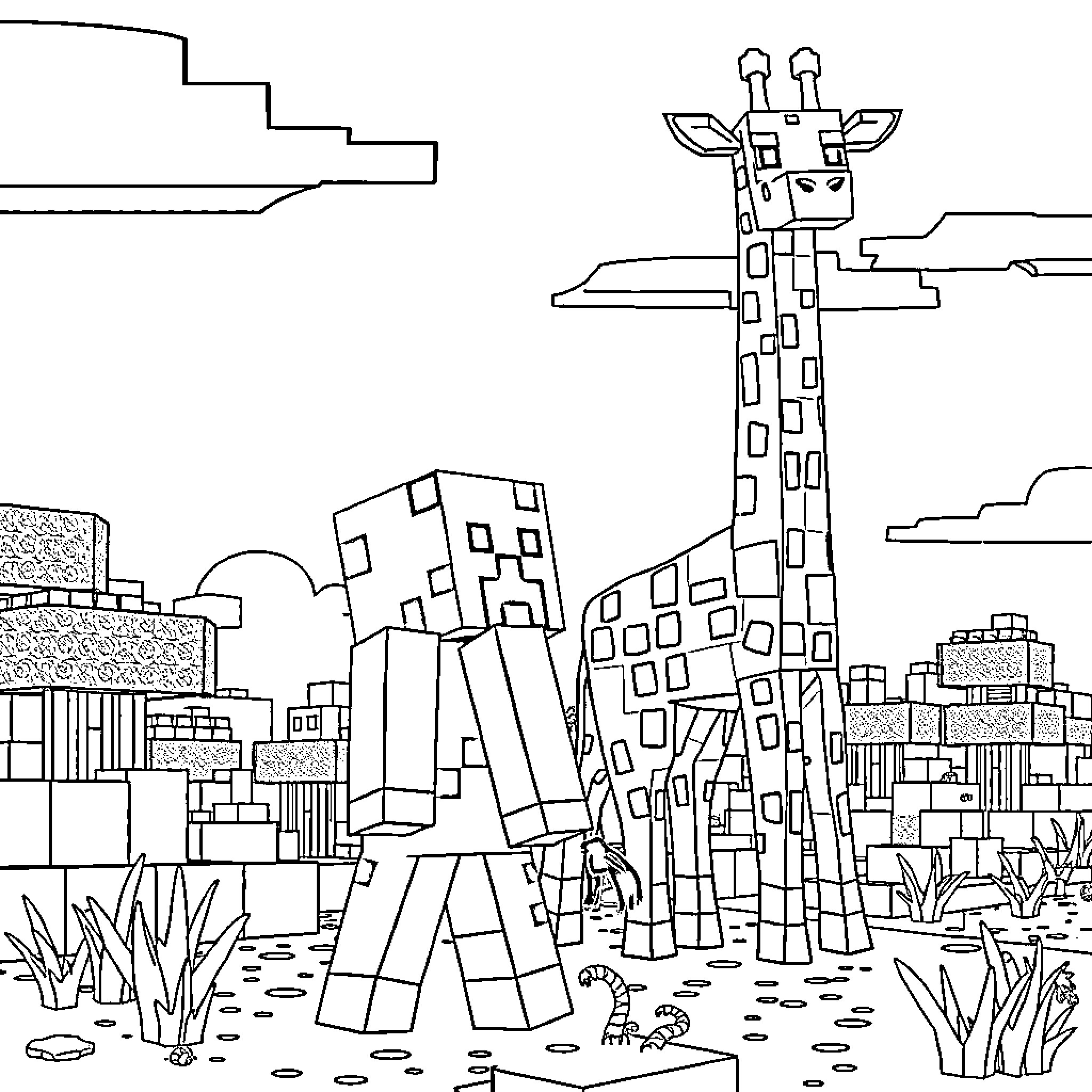 Creeper Figures Roaming in Unusual City Landscape Coloring Page (free black-and-white line drawing printable PDF for all, from beginners to advanced learners, including children, teens, adults, and seniors)