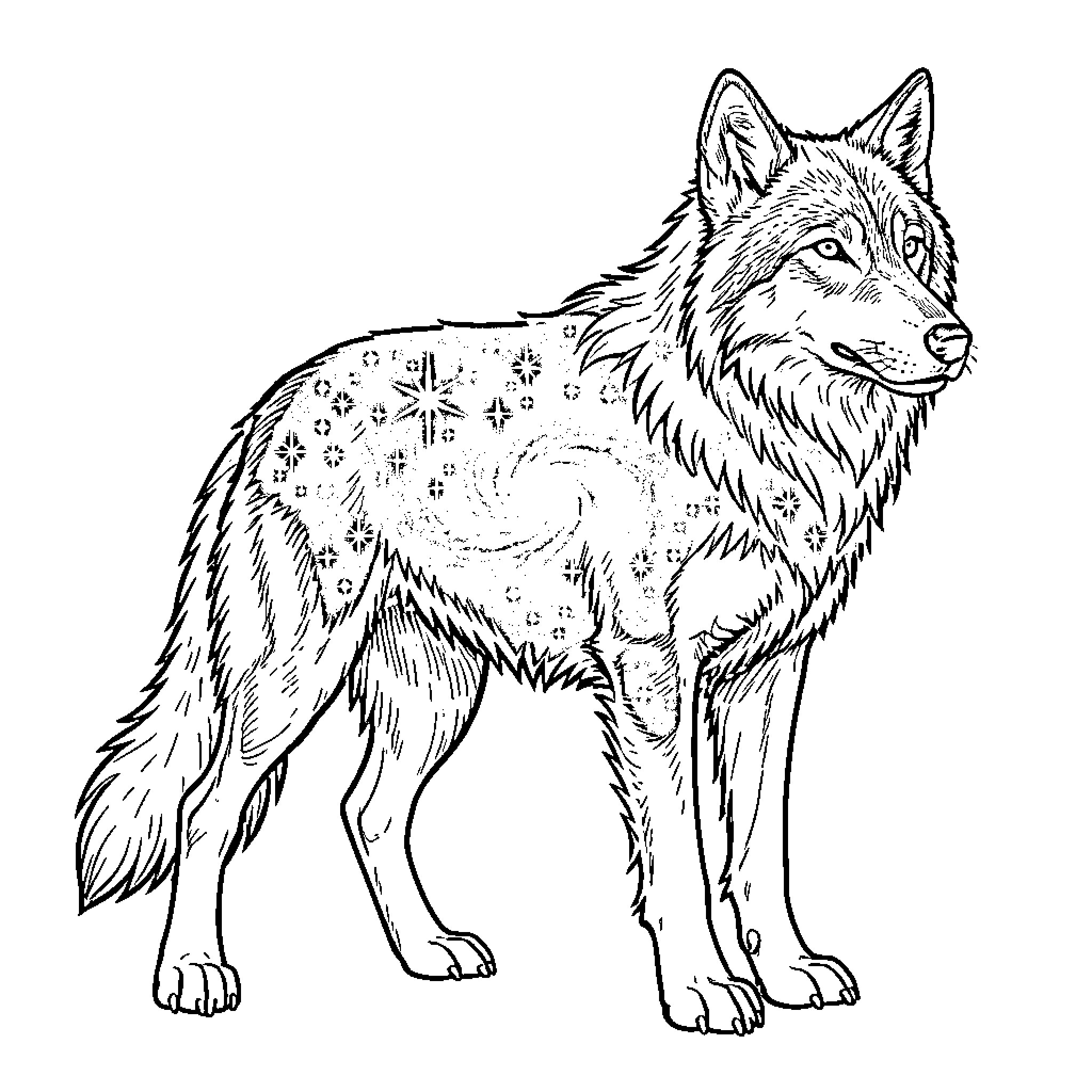 Wolf standing alert in the wilderness Coloring Page (free black-and-white line drawing printable PDF for all, from beginners to advanced learners, including children, teens, adults, and seniors)