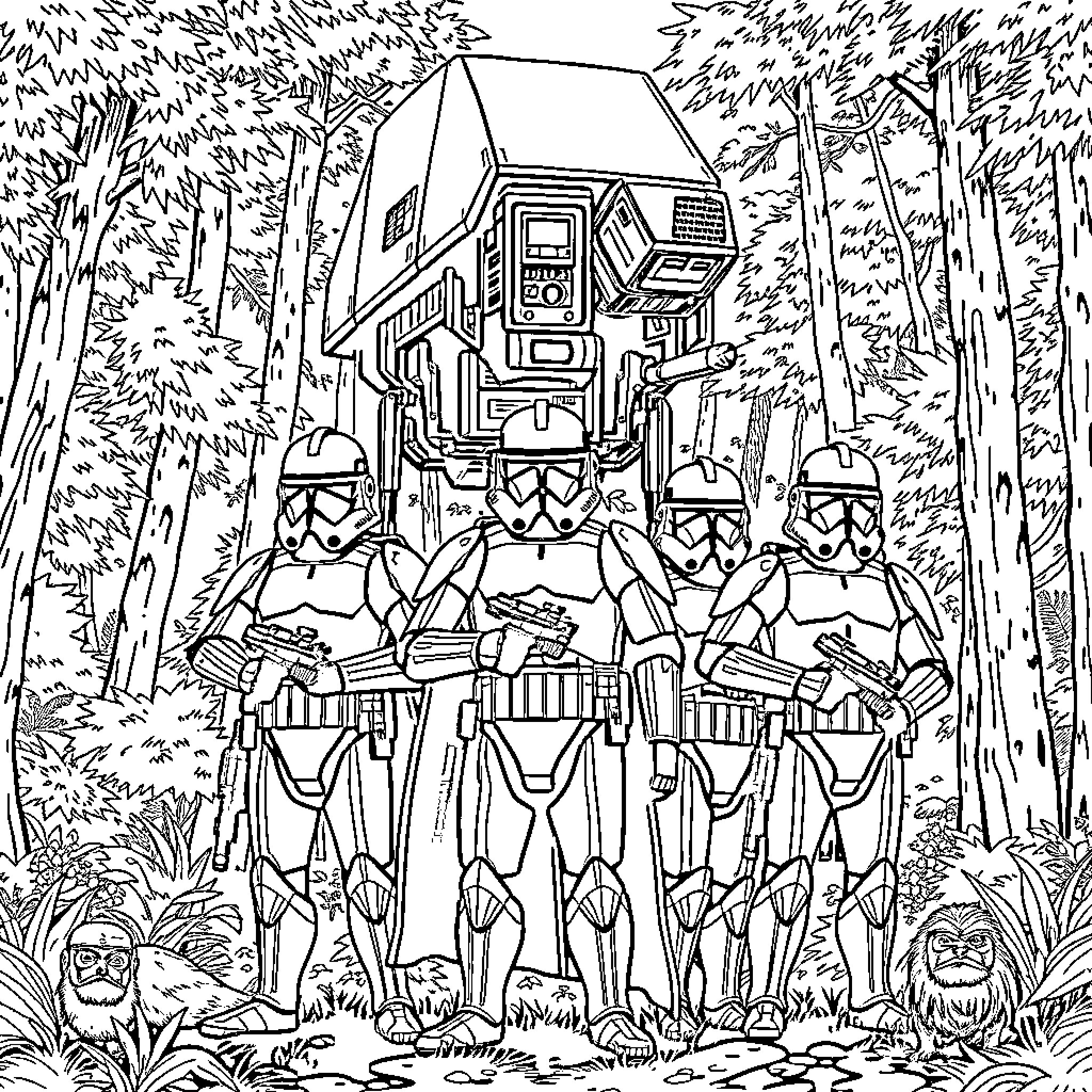 Clone Troopers on Patrol in Forest Surroundings Coloring Page (free black-and-white line drawing printable PDF for all, from beginners to advanced learners, including children, teens, adults, and seniors)
