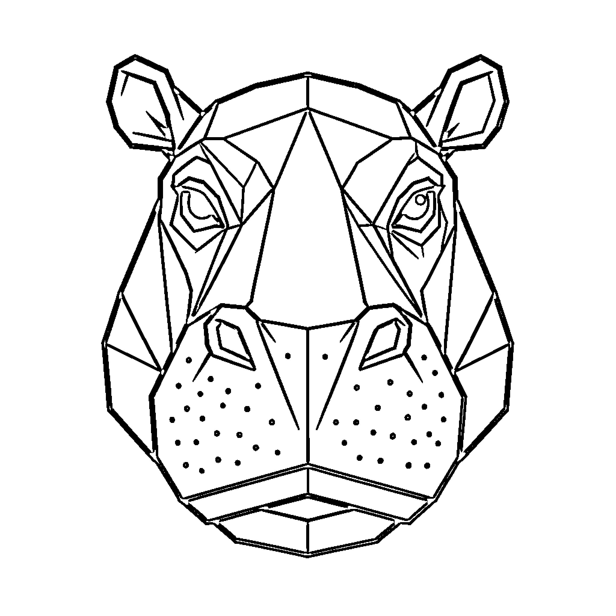 Hippo geometric portrait in black and white Coloring Page (free black-and-white line drawing printable PDF for all, from beginners to advanced learners, including children, teens, adults, and seniors)
