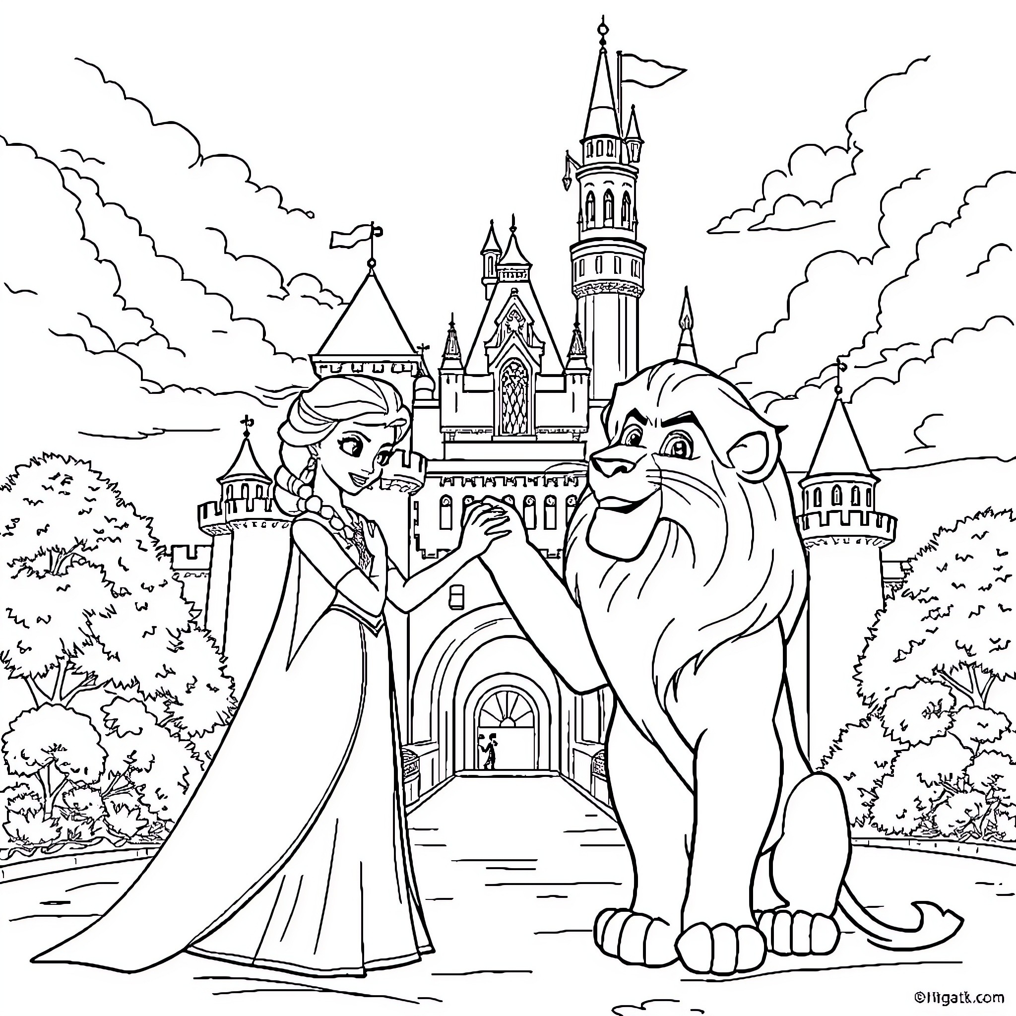 Elsa and Beast at the Enchanted Castle Coloring Page (free black-and-white line drawing printable PDF for all, from beginners to advanced learners, including children, teens, adults, and seniors)