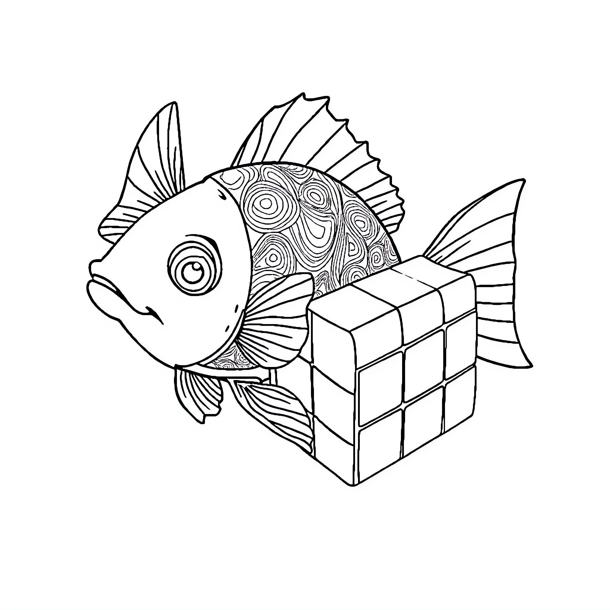 Fish solving Rubik's cube with intricate pattern Coloring Page (free black-and-white line drawing printable PDF for all, from beginners to advanced learners, including children, teens, adults, and seniors)
