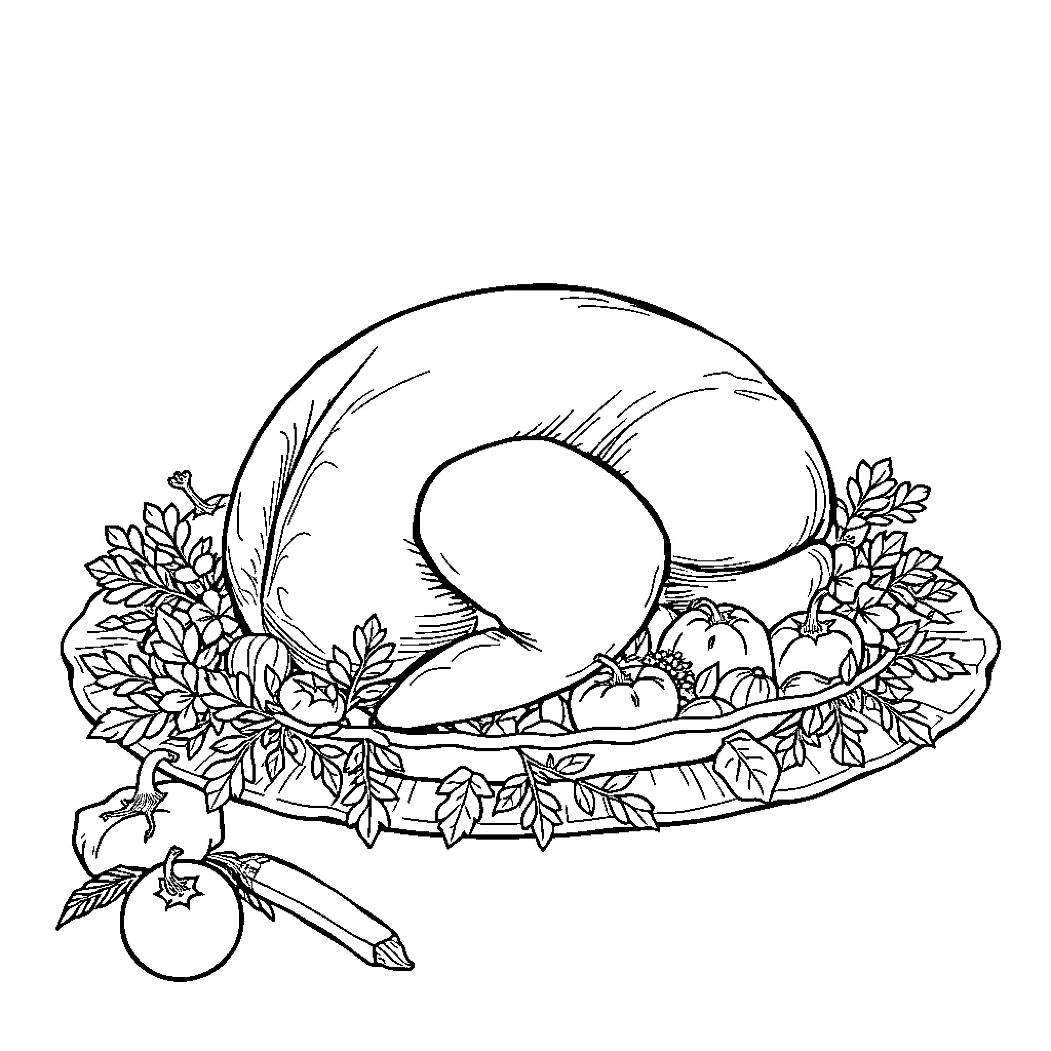 Turkey surrounded by autumn leaves and decorations Coloring Page (free black-and-white line drawing printable PDF for all, from beginners to advanced learners, including children, teens, adults, and seniors)