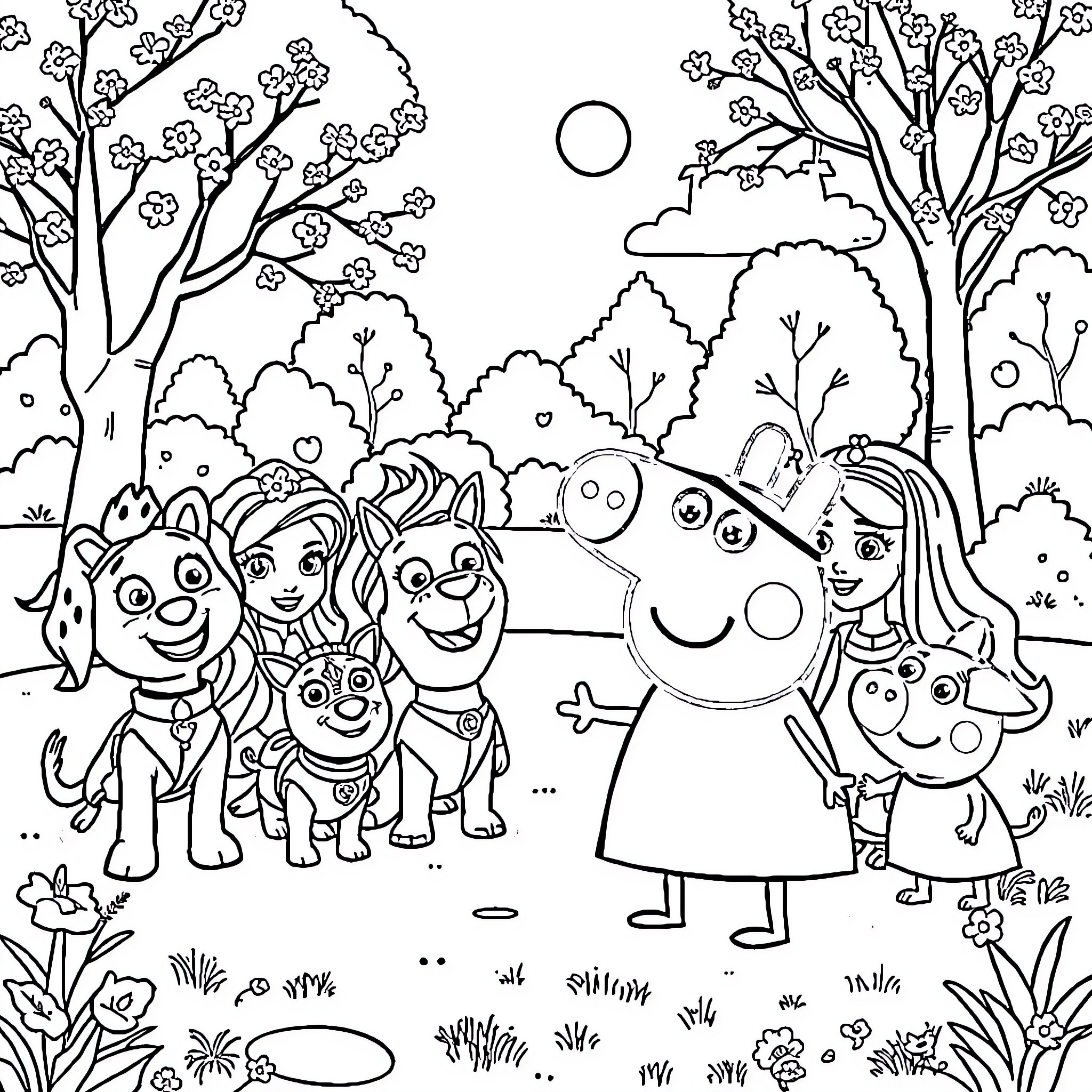 Peppa Pig and friends enjoying a day outdoors Coloring Page (free black-and-white line drawing printable PDF for all, from beginners to advanced learners, including children, teens, adults, and seniors)