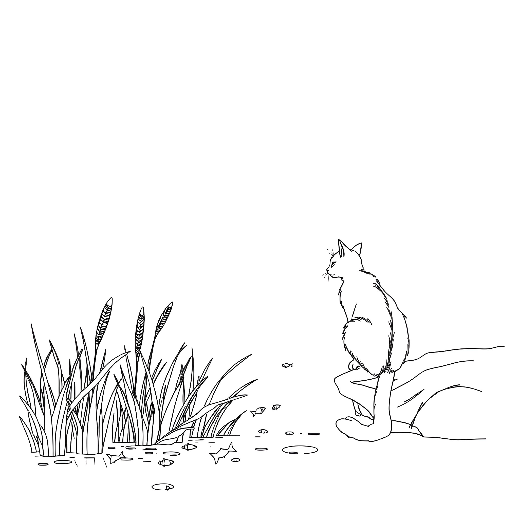 Cat sitting peacefully in nature Coloring Page (free black-and-white line drawing printable PDF for all, from beginners to advanced learners, including children, teens, adults, and seniors)