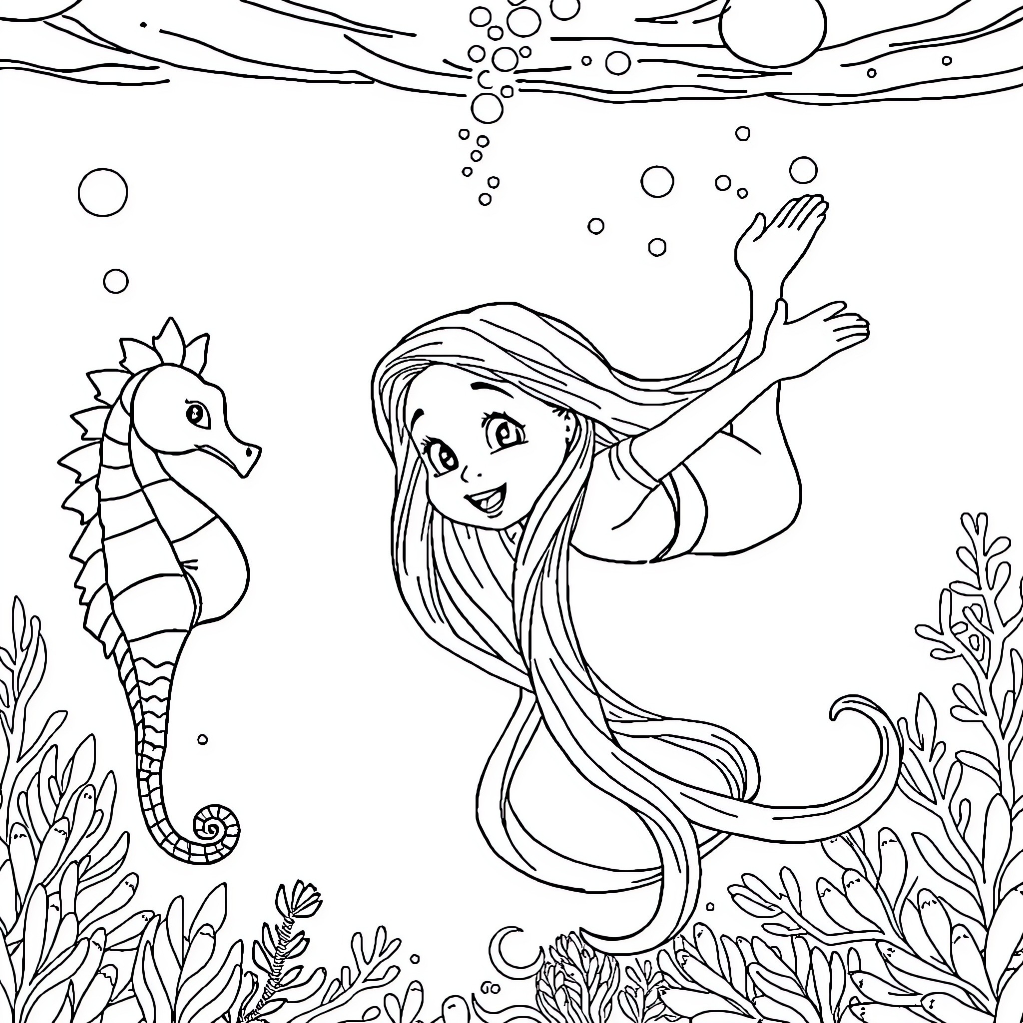 Rapunzel swimming playfully with a seahorse in the ocean Coloring Page (free black-and-white line drawing printable PDF for all, from beginners to advanced learners, including children, teens, adults, and seniors)
