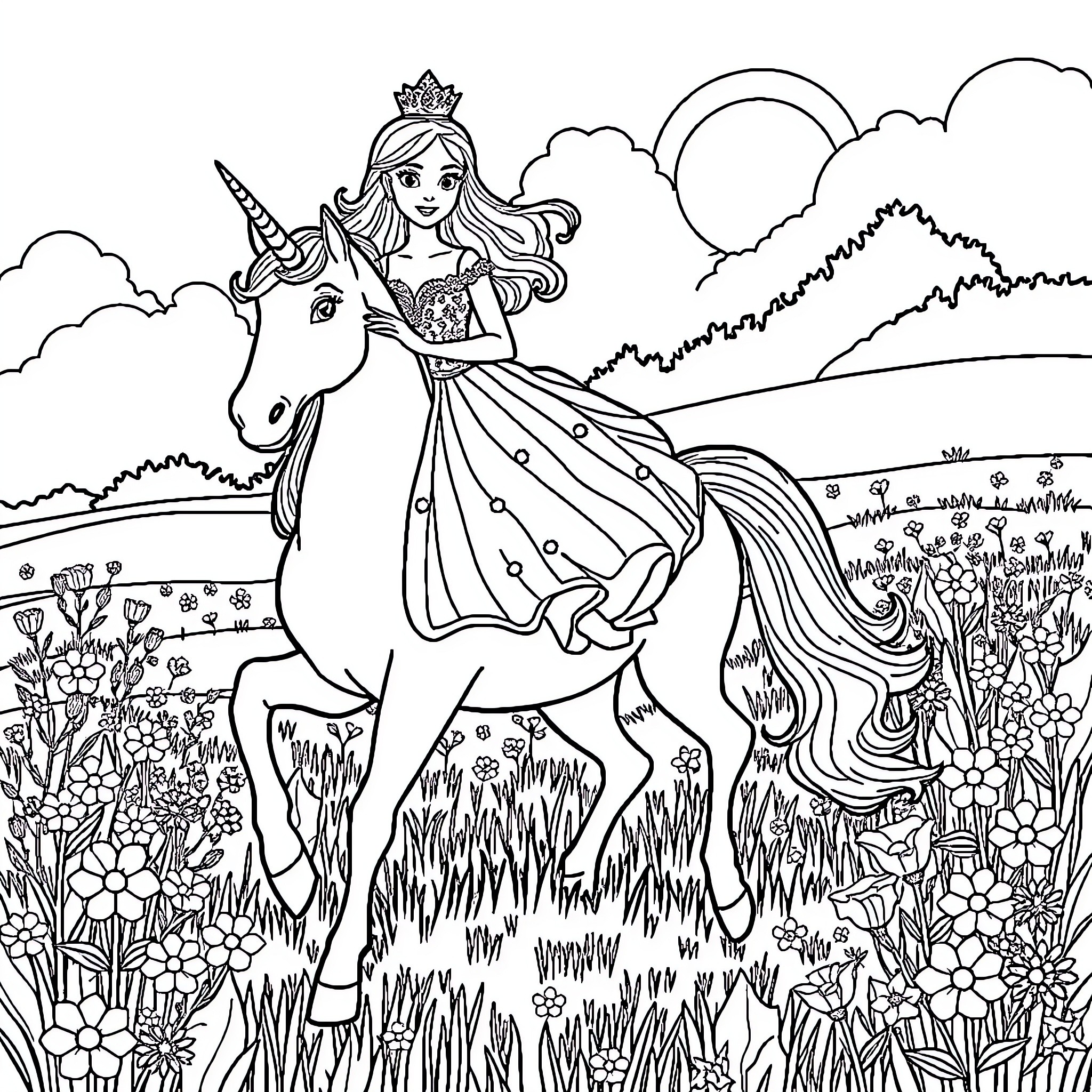 Princess riding a majestic unicorn through a whimsical landscape Coloring Page (free black-and-white line drawing printable PDF for all, from beginners to advanced learners, including children, teens, adults, and seniors)