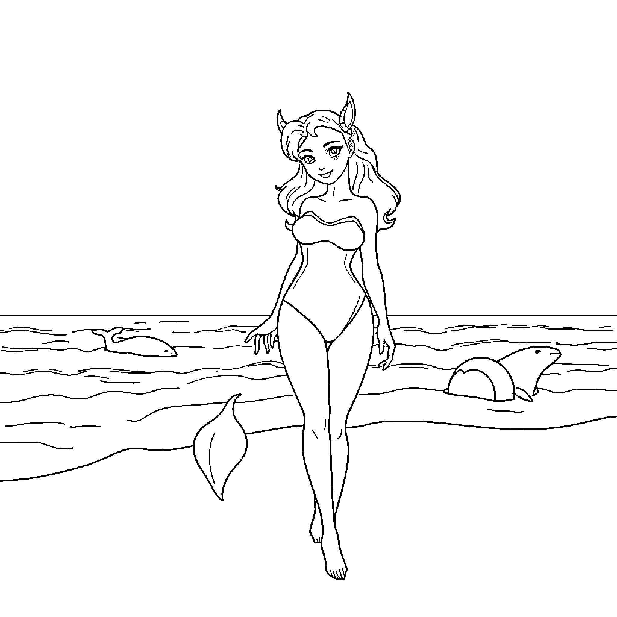 Snow Queen in Elegant Swimwear by the Sea Coloring Page (free black-and-white line drawing printable PDF for all, from beginners to advanced learners, including children, teens, adults, and seniors)