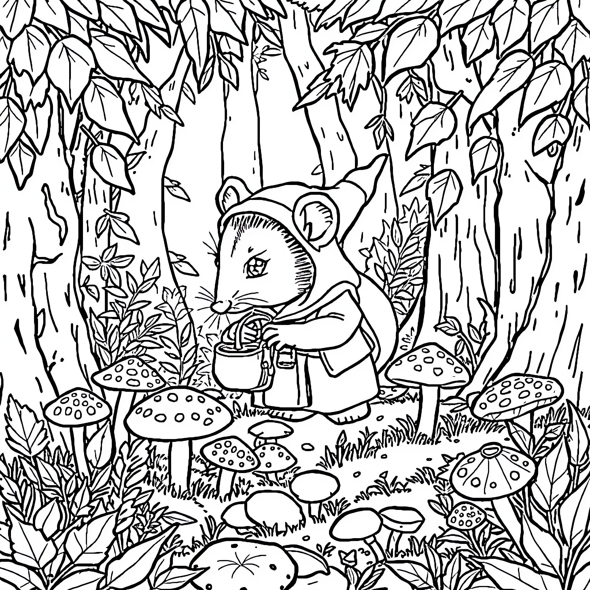 Possum exploring a magical forest Coloring Page (free black-and-white line drawing printable PDF for all, from beginners to advanced learners, including children, teens, adults, and seniors)
