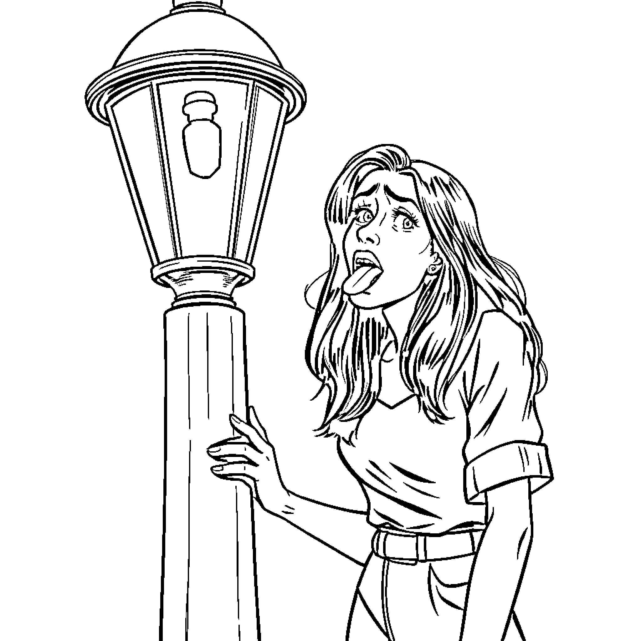 Woman in distress near street lamp Coloring Page (free black-and-white line drawing printable PDF for all, from beginners to advanced learners, including children, teens, adults, and seniors)