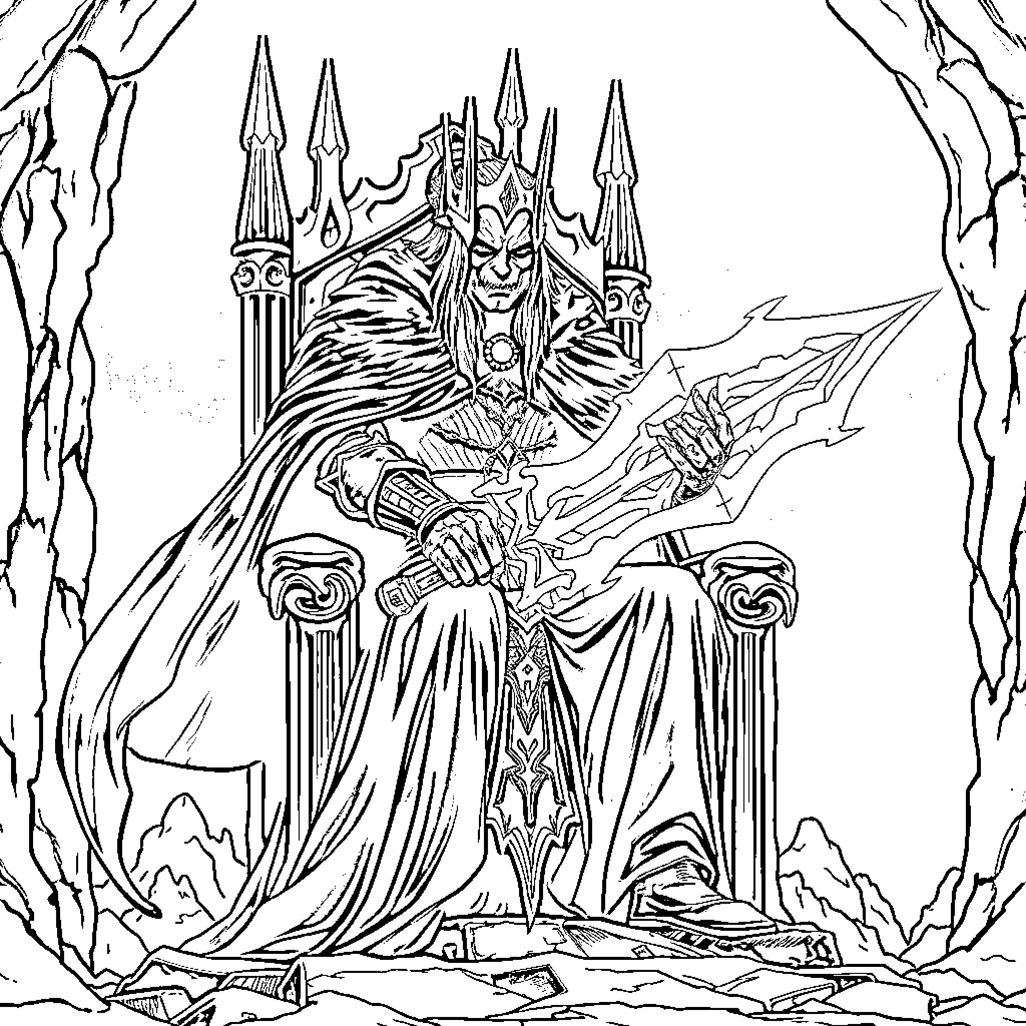 Lich King's Ominous Presence in Frozen Realm Coloring Page (free black-and-white line drawing printable PDF for all, from beginners to advanced learners, including children, teens, adults, and seniors)