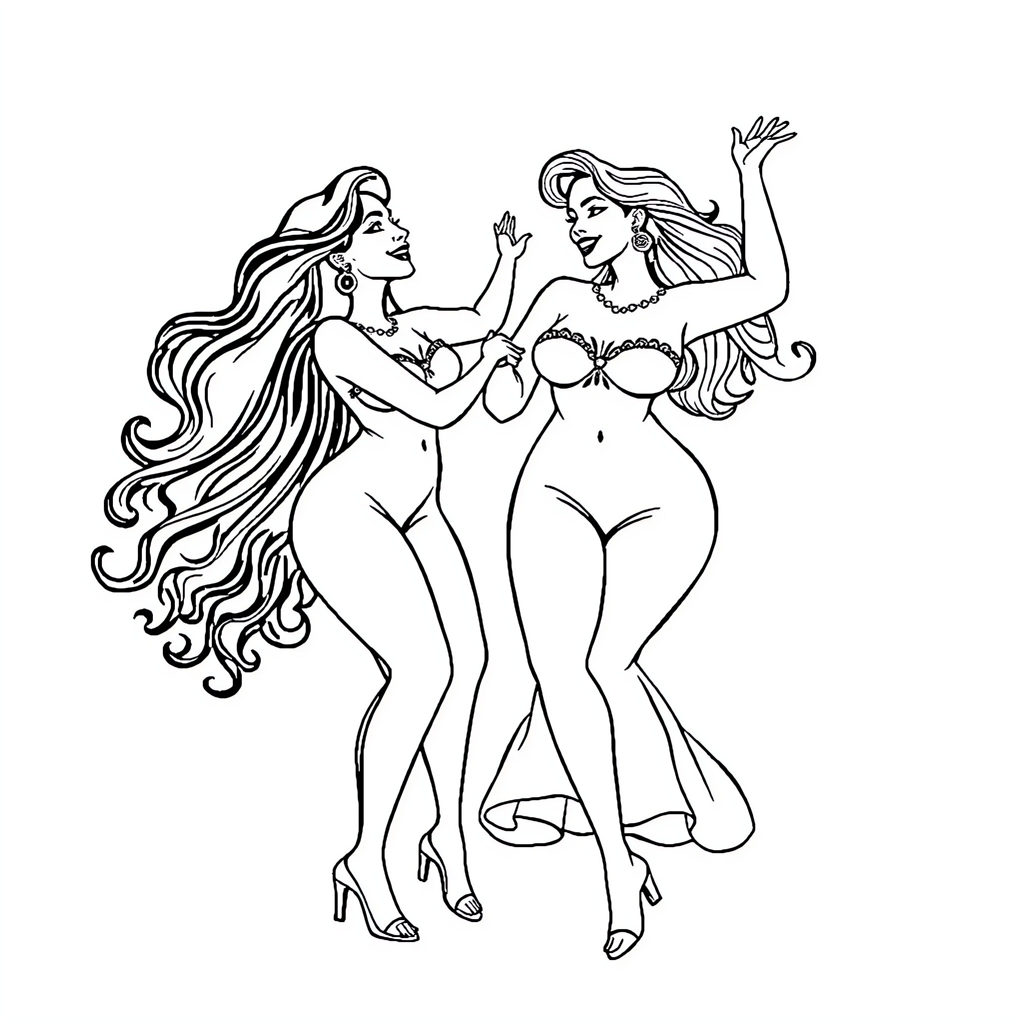 Latin Goddesses Celebrating in Revelry Coloring Page (free black-and-white line drawing printable PDF for all, from beginners to advanced learners, including children, teens, adults, and seniors)