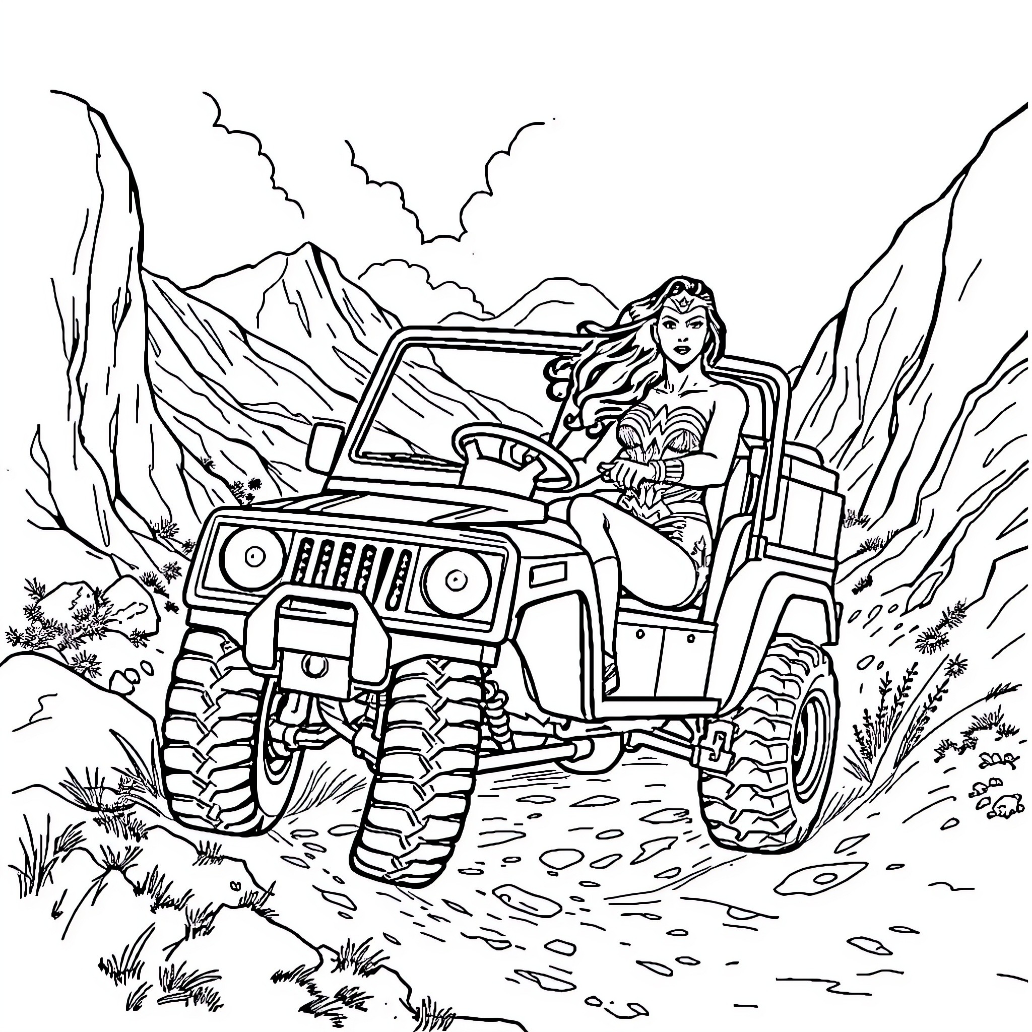Wonder Woman Driving Off-Road Adventure Coloring Page (free black-and-white line drawing printable PDF for all, from beginners to advanced learners, including children, teens, adults, and seniors)