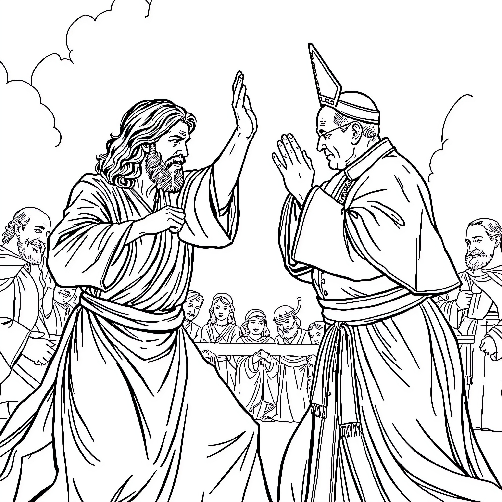 Jesus Blessing a Priest in Religious Ceremony Coloring Page (free black-and-white line drawing printable PDF for all, from beginners to advanced learners, including children, teens, adults, and seniors)