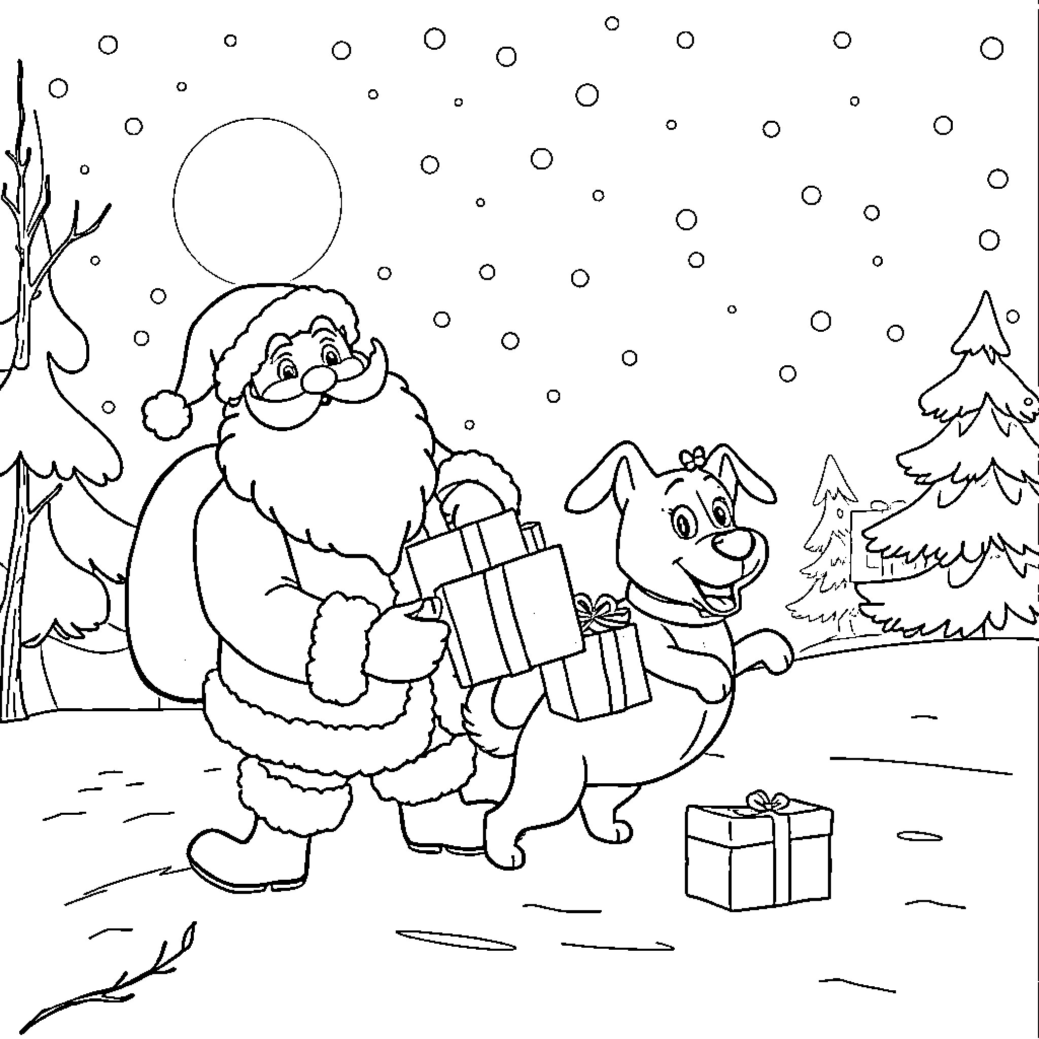 Santa delivering gifts to a happy dog in the winter Coloring Page (free black-and-white line drawing printable PDF for all, from beginners to advanced learners, including children, teens, adults, and seniors)