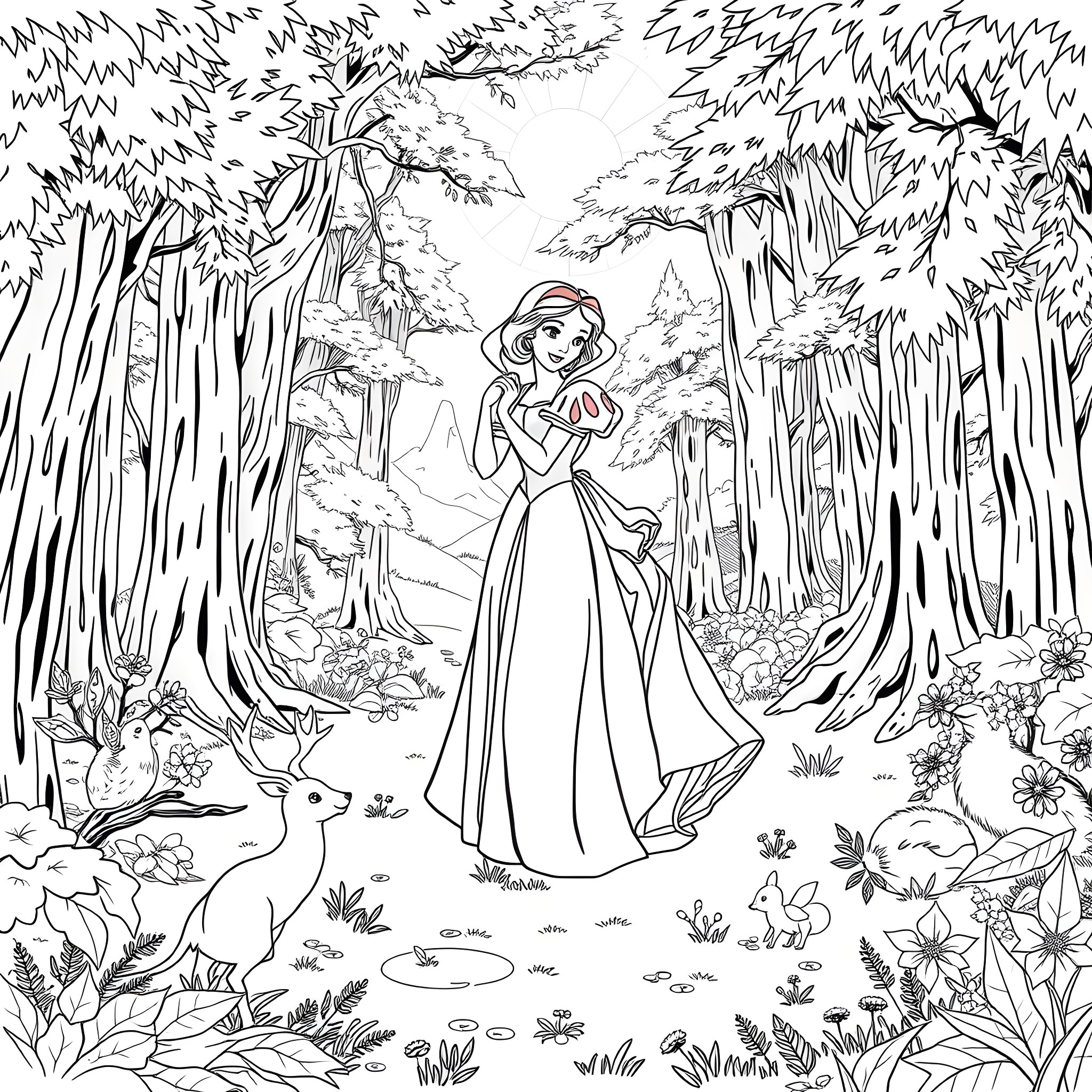 Snow White's Adventures in the Enchanted Forest Coloring Page (free black-and-white line drawing printable PDF for all, from beginners to advanced learners, including children, teens, adults, and seniors)