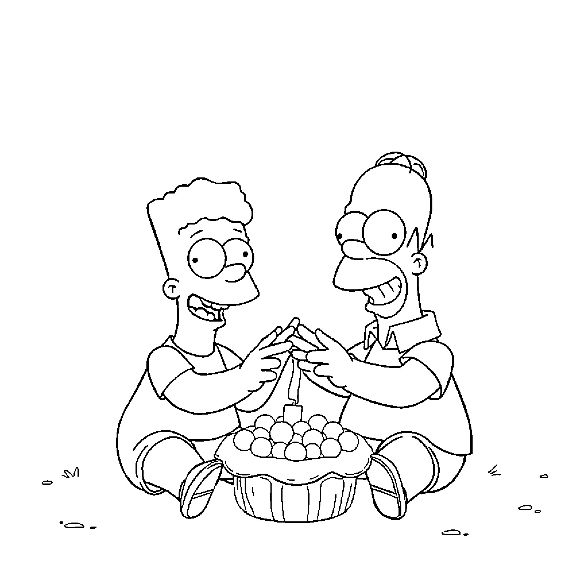 Bob and Bart sharing a snack together Coloring Page (free black-and-white line drawing printable PDF for all, from beginners to advanced learners, including children, teens, adults, and seniors)