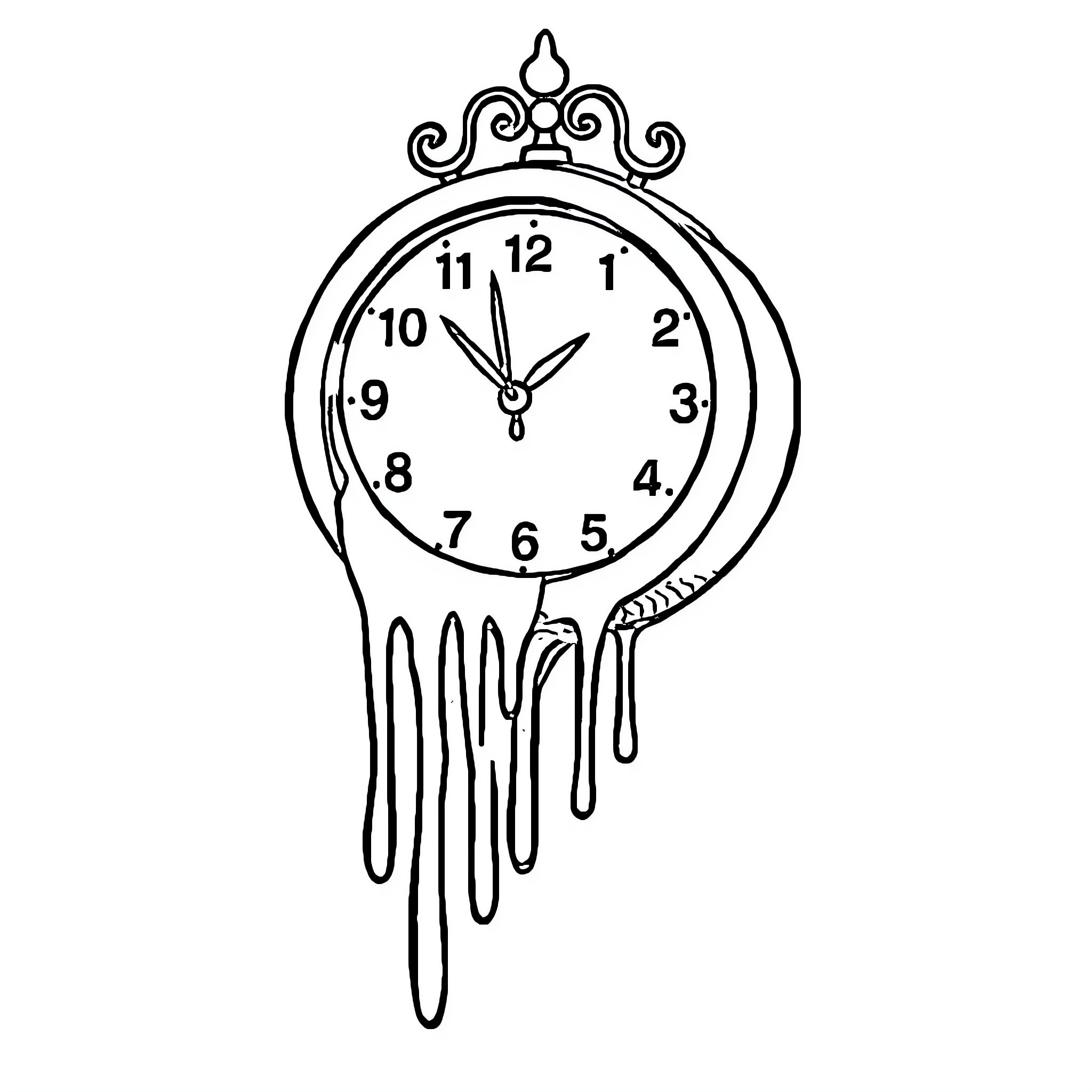 Clock with melting numbers and ornate design Coloring Page (free black-and-white line drawing printable PDF for all, from beginners to advanced learners, including children, teens, adults, and seniors)