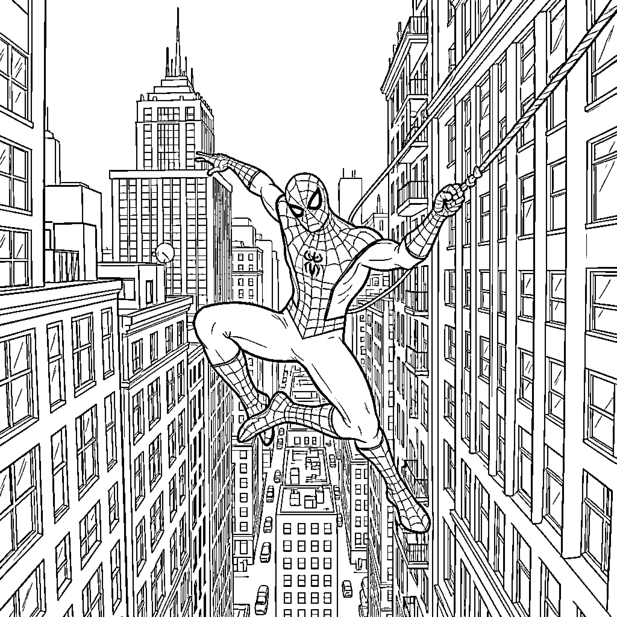 Spiderman swinging between tall city skyscrapers Coloring Page (free black-and-white line drawing printable PDF for all, from beginners to advanced learners, including children, teens, adults, and seniors)