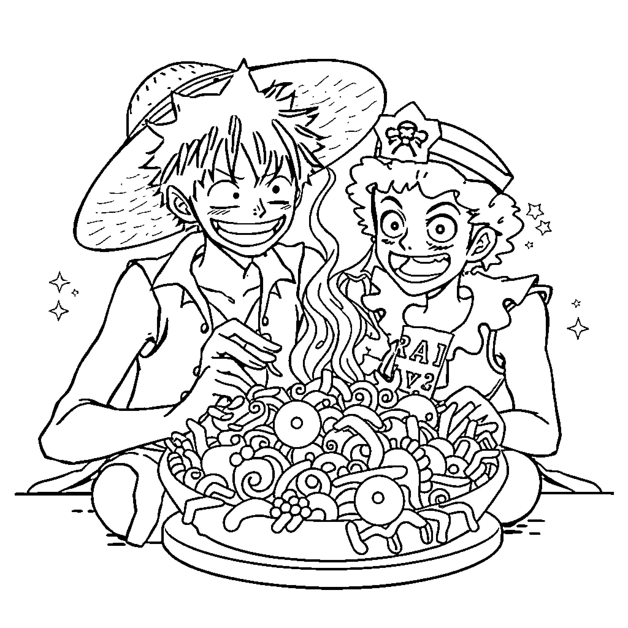 Luffy and Usopp Enjoying a Colorful Meal Coloring Page (free black-and-white line drawing printable PDF for all, from beginners to advanced learners, including children, teens, adults, and seniors)
