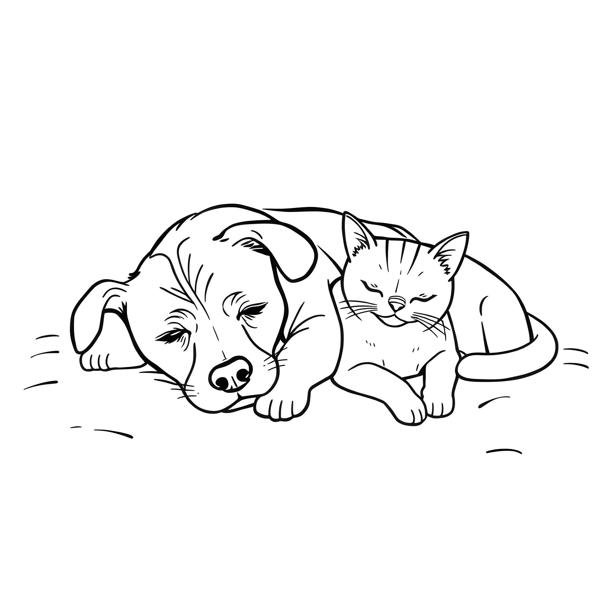 Dog and Cat Resting Together Peacefully Coloring Page (free black-and-white line drawing printable PDF for all, from beginners to advanced learners, including children, teens, adults, and seniors)