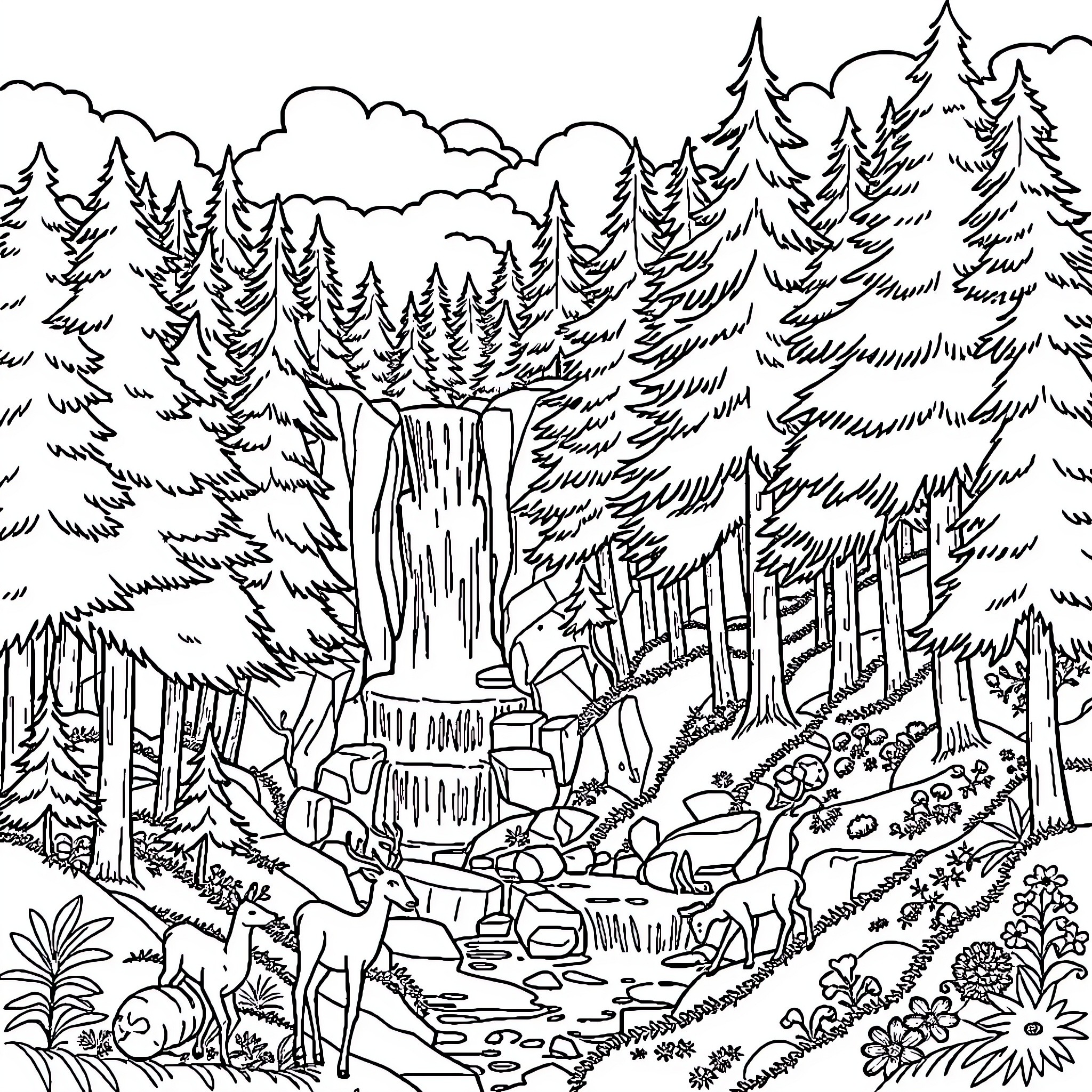 Forest scene with waterfall and wildlife Coloring Page (free black-and-white line drawing printable PDF for all, from beginners to advanced learners, including children, teens, adults, and seniors)