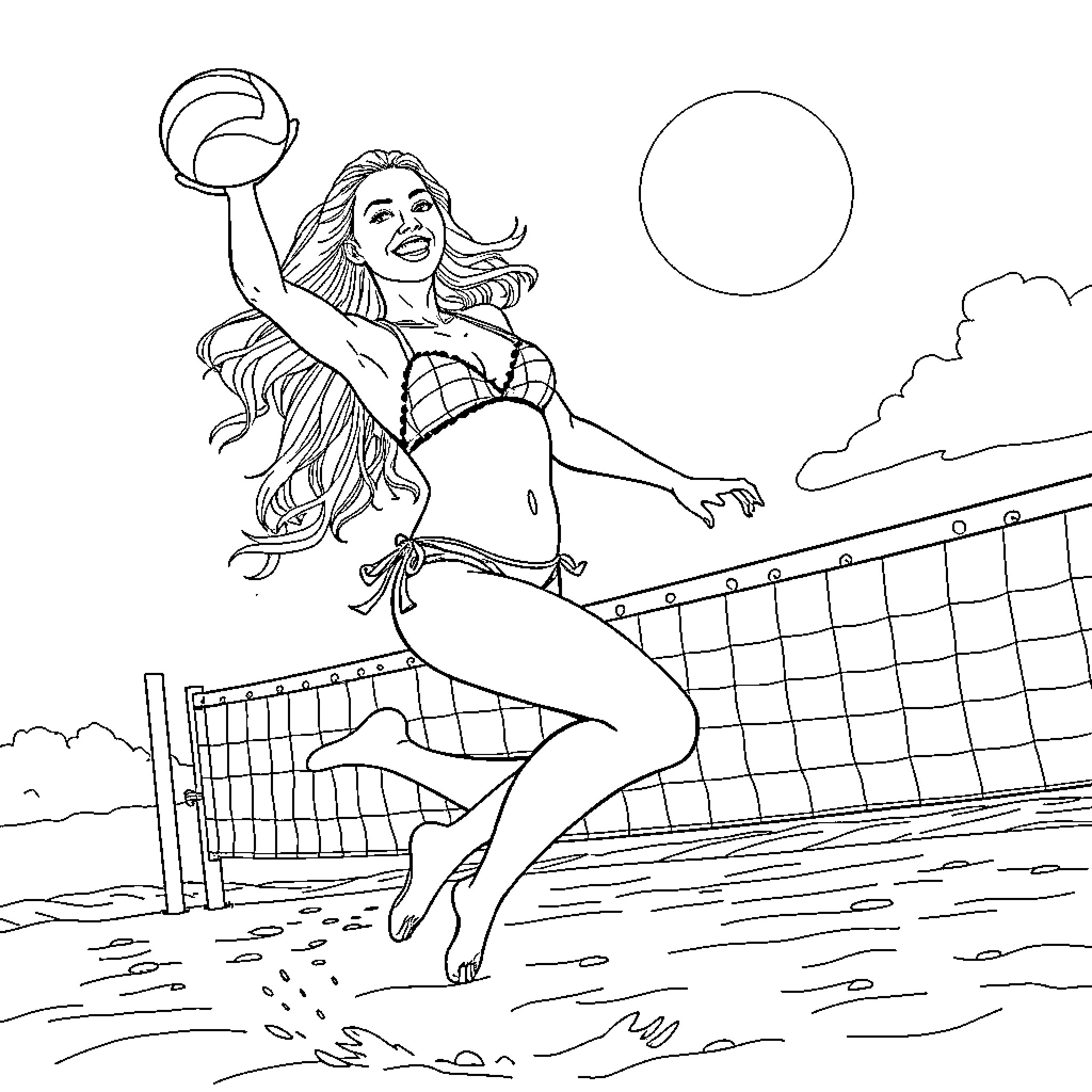 Britney Spears playing volleyball at the beach Coloring Page (free black-and-white line drawing printable PDF for all, from beginners to advanced learners, including children, teens, adults, and seniors)