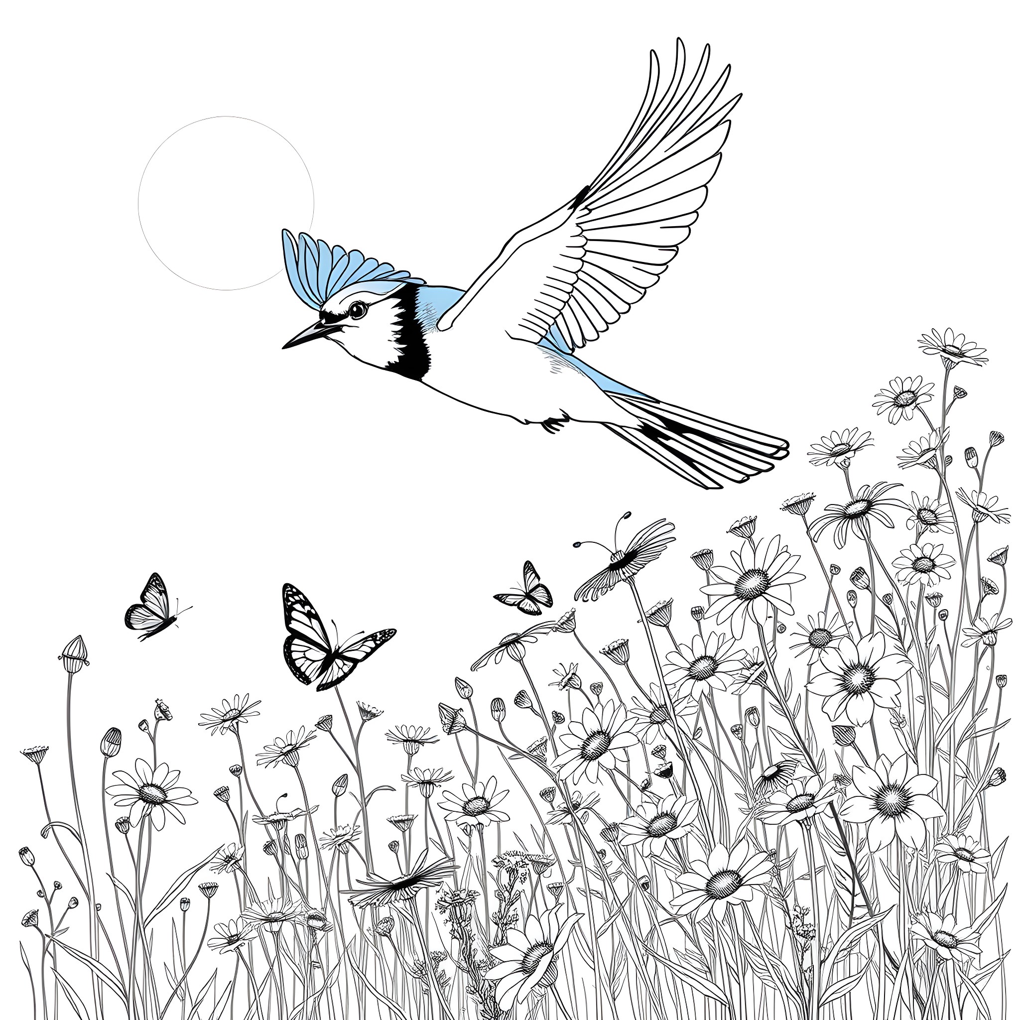 Blue Jay soaring gracefully amid wildflowers Coloring Page (free black-and-white line drawing printable PDF for all, from beginners to advanced learners, including children, teens, adults, and seniors)