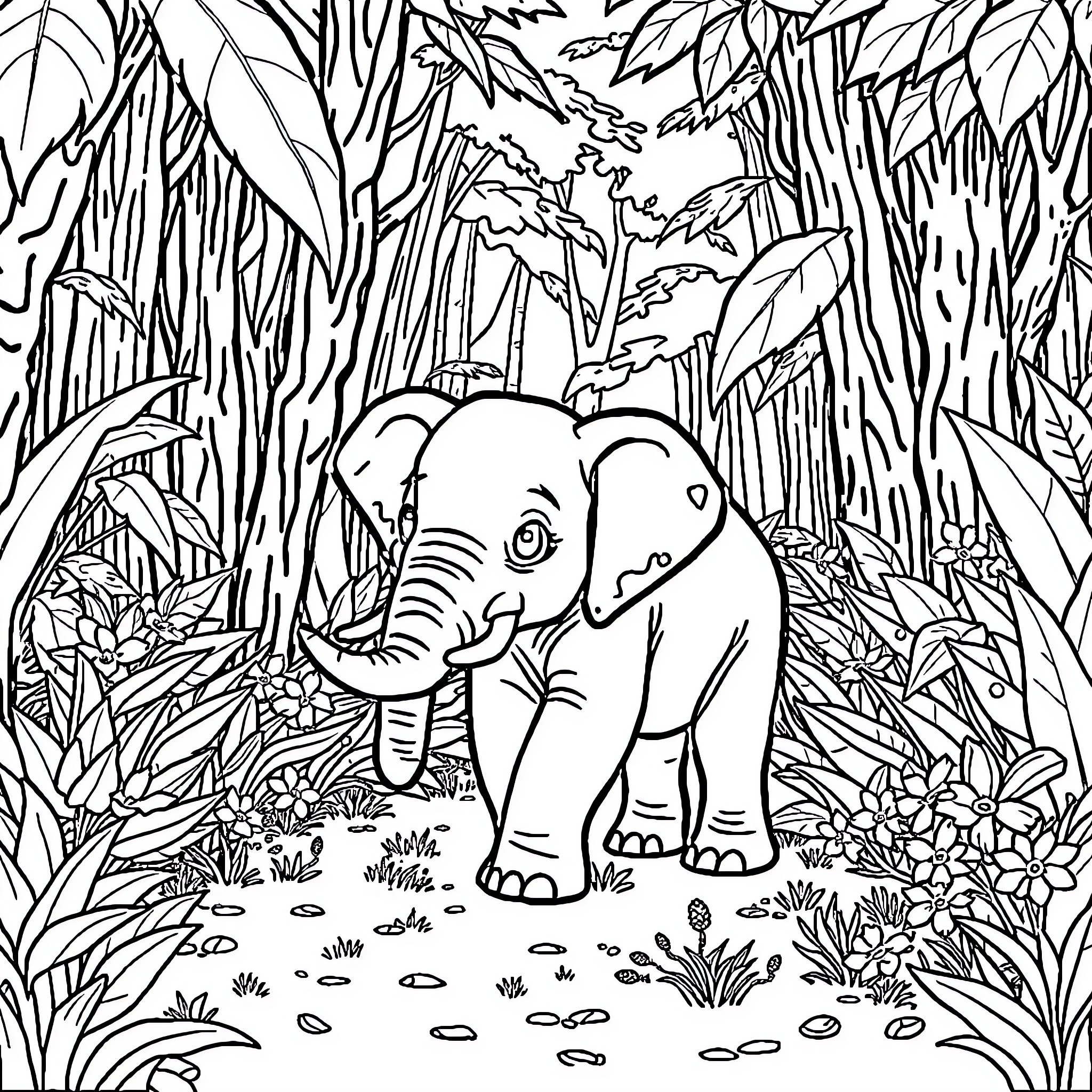 Elephant exploring the lush jungle landscape Coloring Page (free black-and-white line drawing printable PDF for all, from beginners to advanced learners, including children, teens, adults, and seniors)