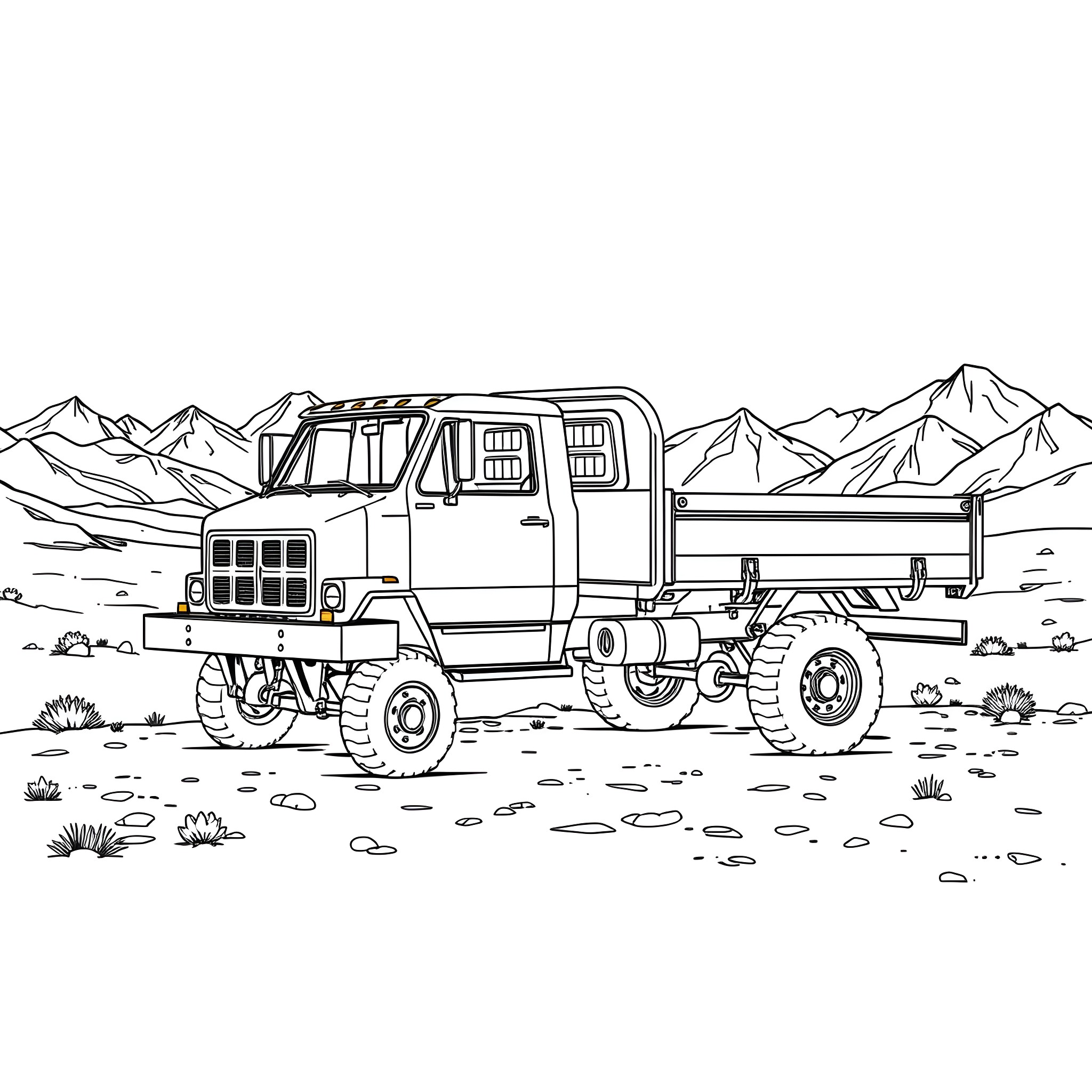 Flatbed off-road truck in rugged mountain landscape Coloring Page (free black-and-white line drawing printable PDF for all, from beginners to advanced learners, including children, teens, adults, and seniors)