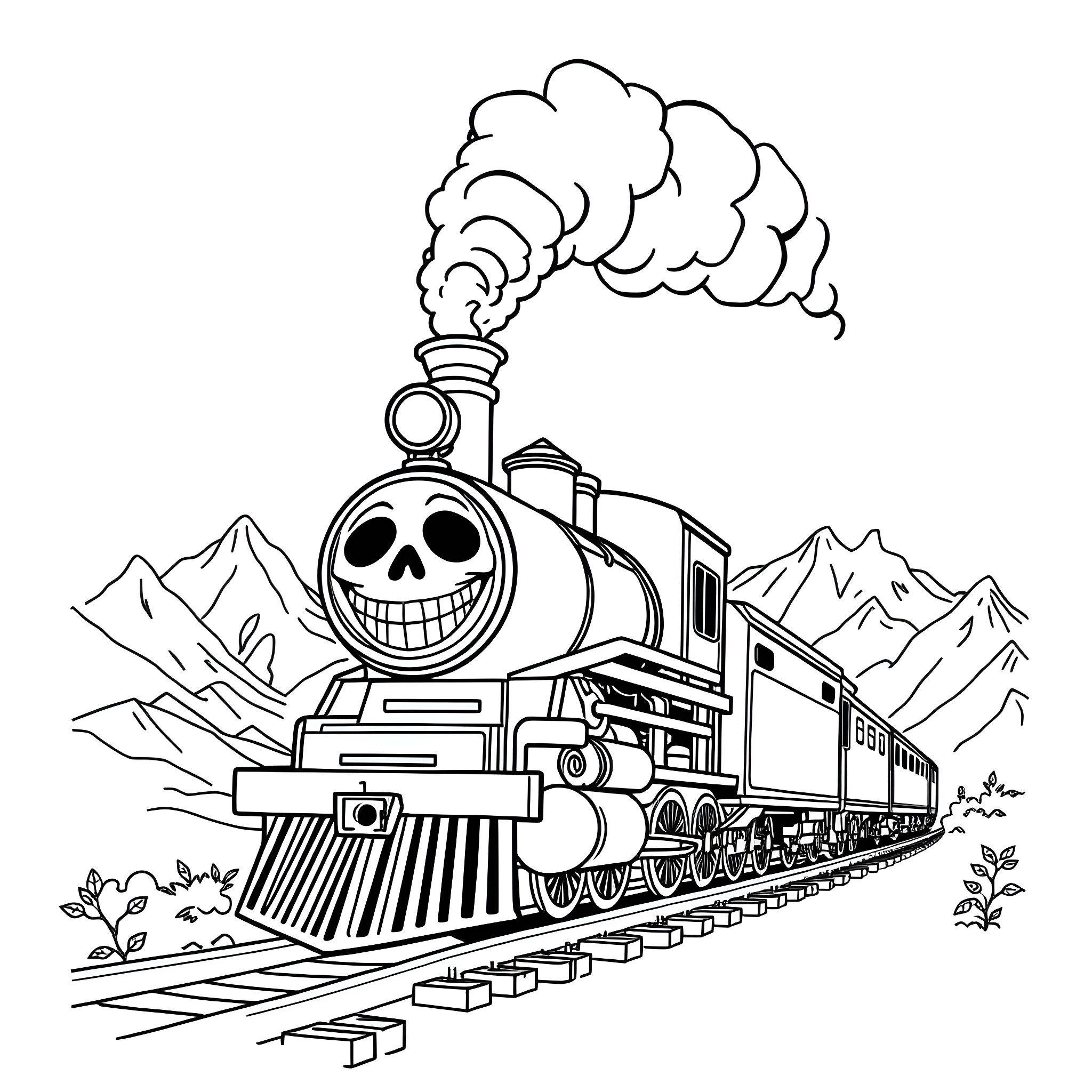 Steam Train with Spooky Skull Design in the Mountains Coloring Page (free black-and-white line drawing printable PDF for all, from beginners to advanced learners, including children, teens, adults, and seniors)