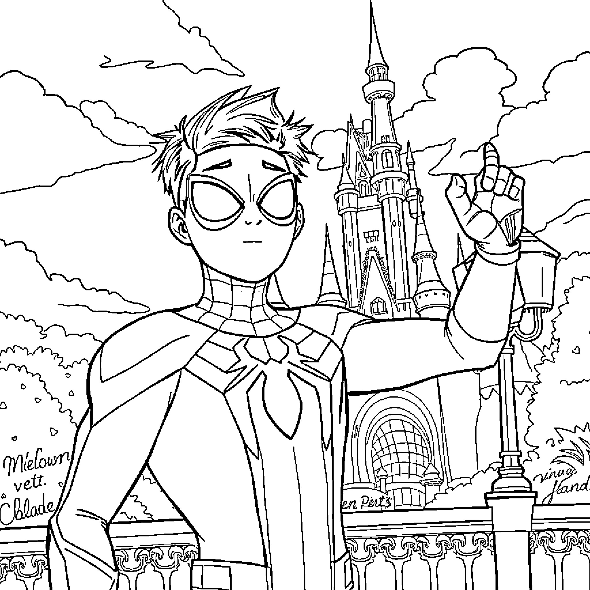 Miles Morales in a fantastical castle setting Coloring Page (free black-and-white line drawing printable PDF for all, from beginners to advanced learners, including children, teens, adults, and seniors)