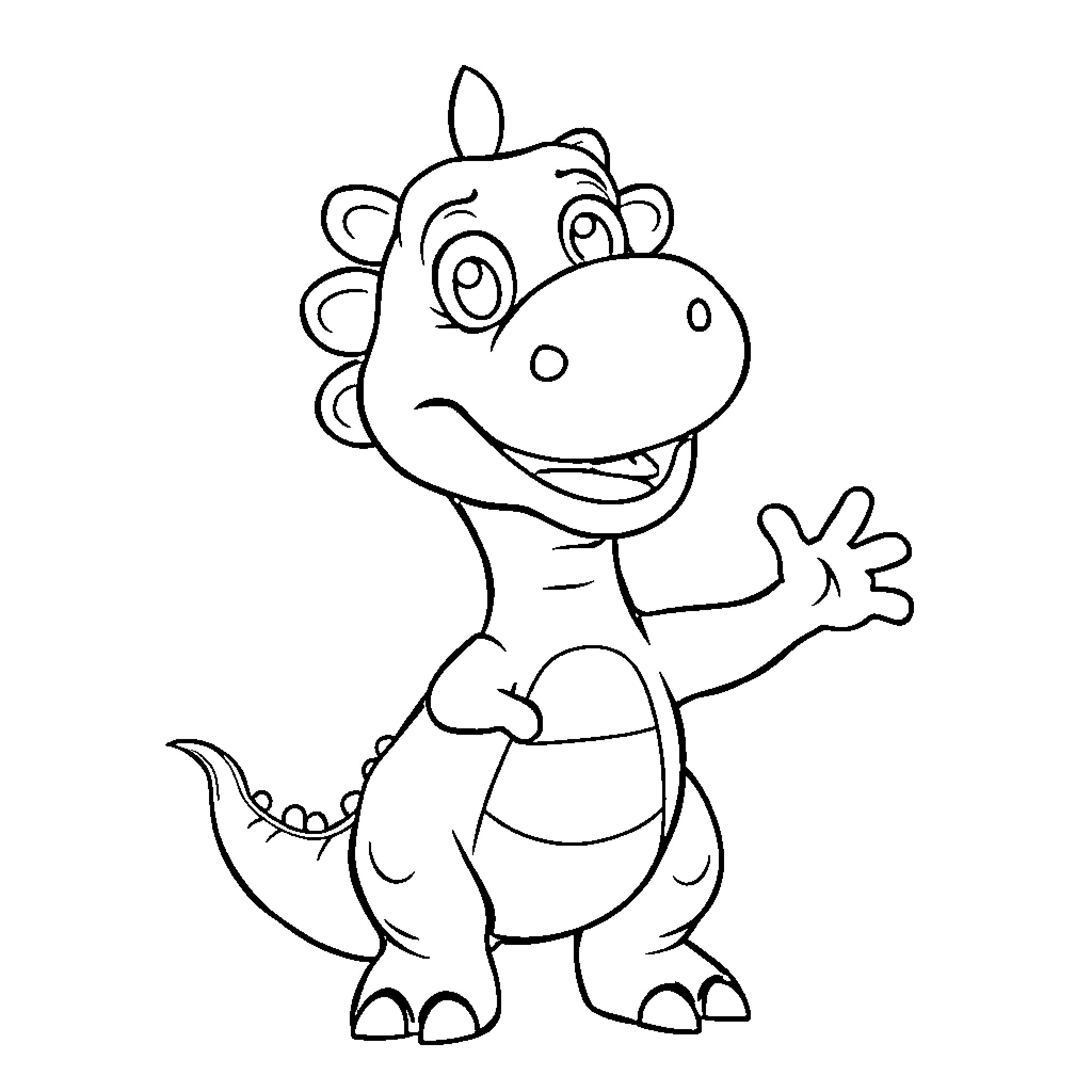 Dinosaur waving and smiling happily Coloring Page (free black-and-white line drawing printable PDF for all, from beginners to advanced learners, including children, teens, adults, and seniors)