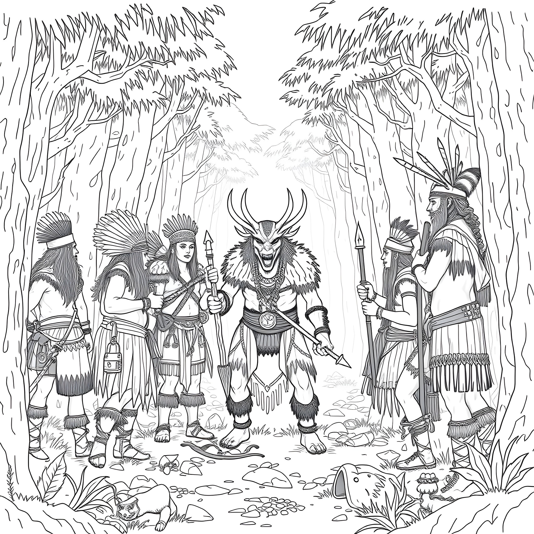 Warrior Tribe's Ceremonial Gathering in the Enchanted Forest Coloring Page (free black-and-white line drawing printable PDF for all, from beginners to advanced learners, including children, teens, adults, and seniors)