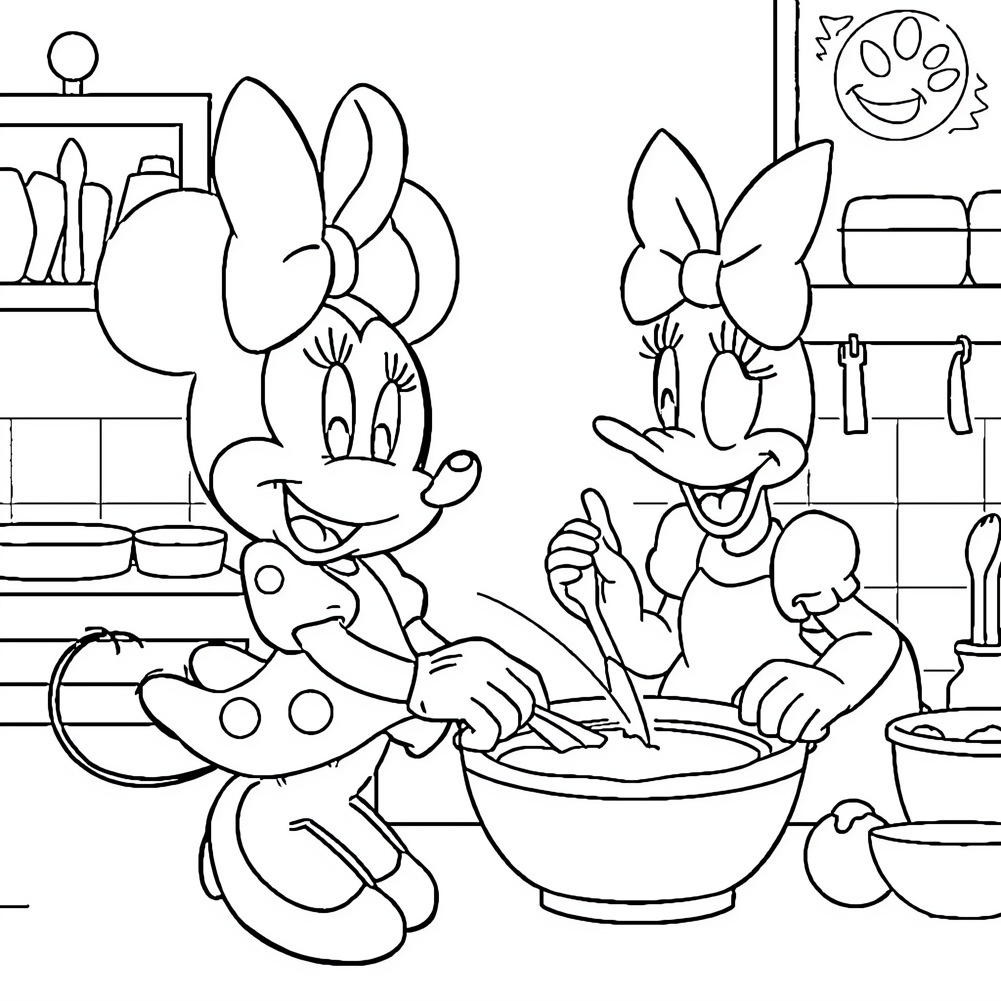 Minnie and Daisy cooking together in the kitchen Coloring Page (free black-and-white line drawing printable PDF for all, from beginners to advanced learners, including children, teens, adults, and seniors)