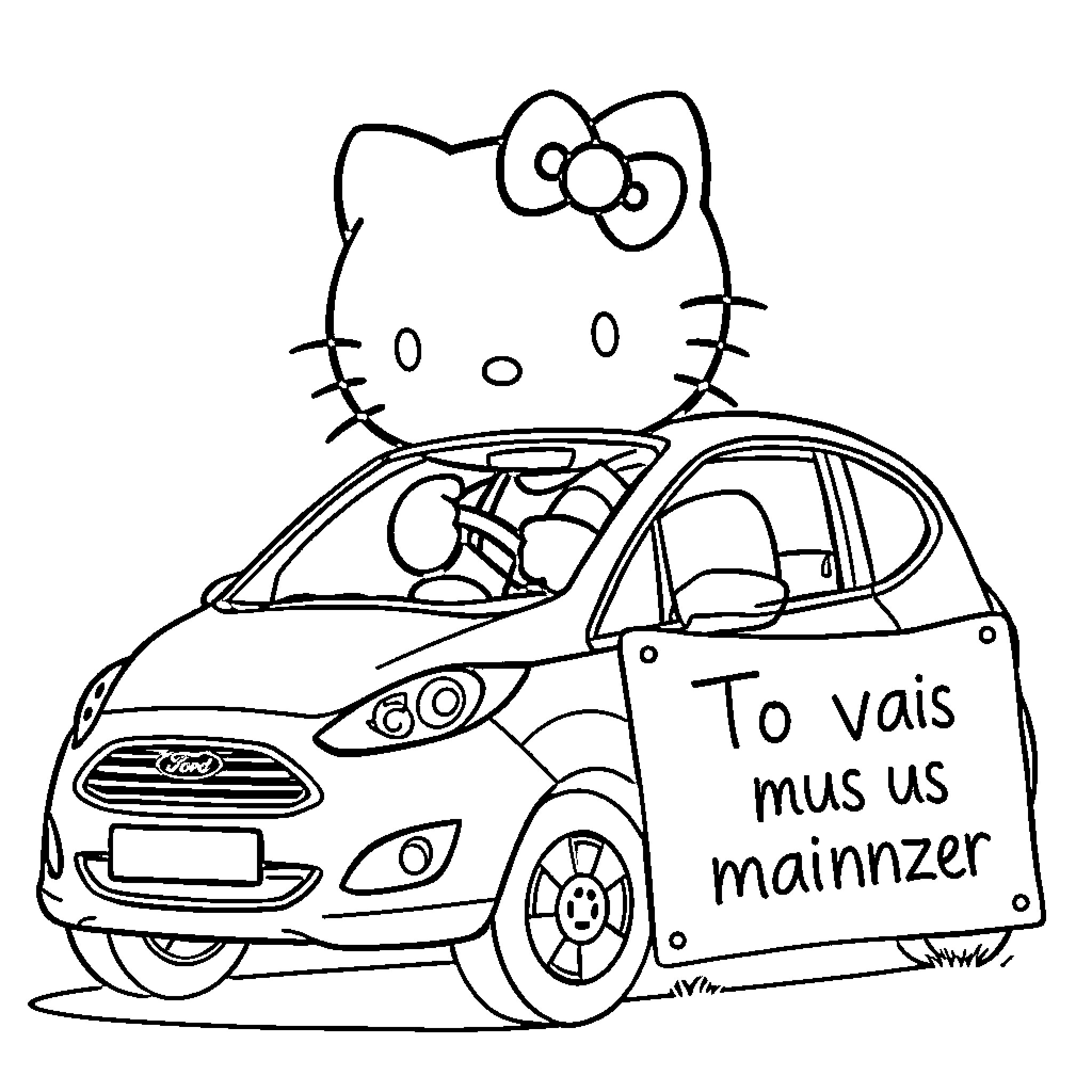 Hello Kitty riding in a car with a friendly message Coloring Page (free black-and-white line drawing printable PDF for all, from beginners to advanced learners, including children, teens, adults, and seniors)