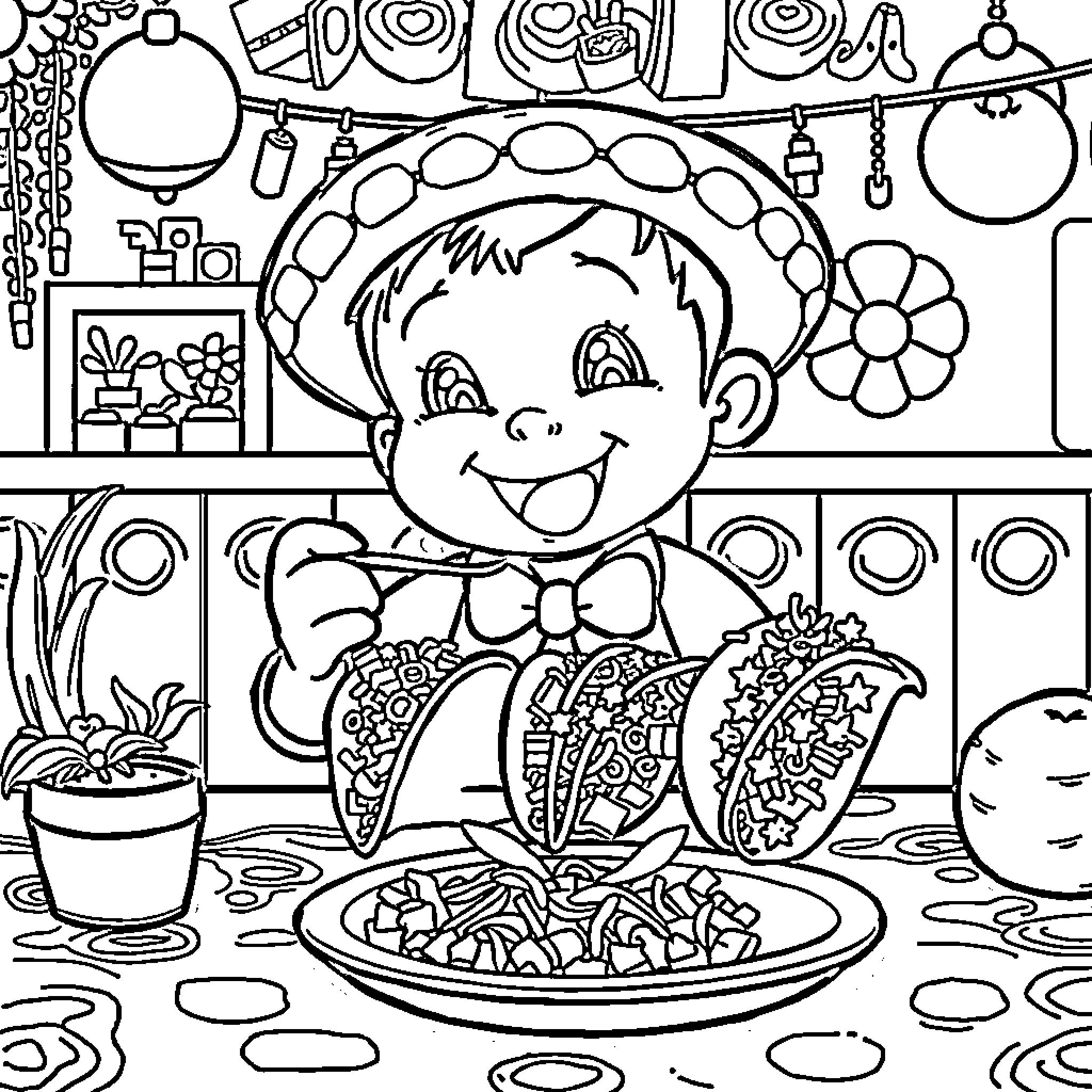 Munchiro Tokito enjoying a traditional Japanese meal Coloring Page (free black-and-white line drawing printable PDF for all, from beginners to advanced learners, including children, teens, adults, and seniors)
