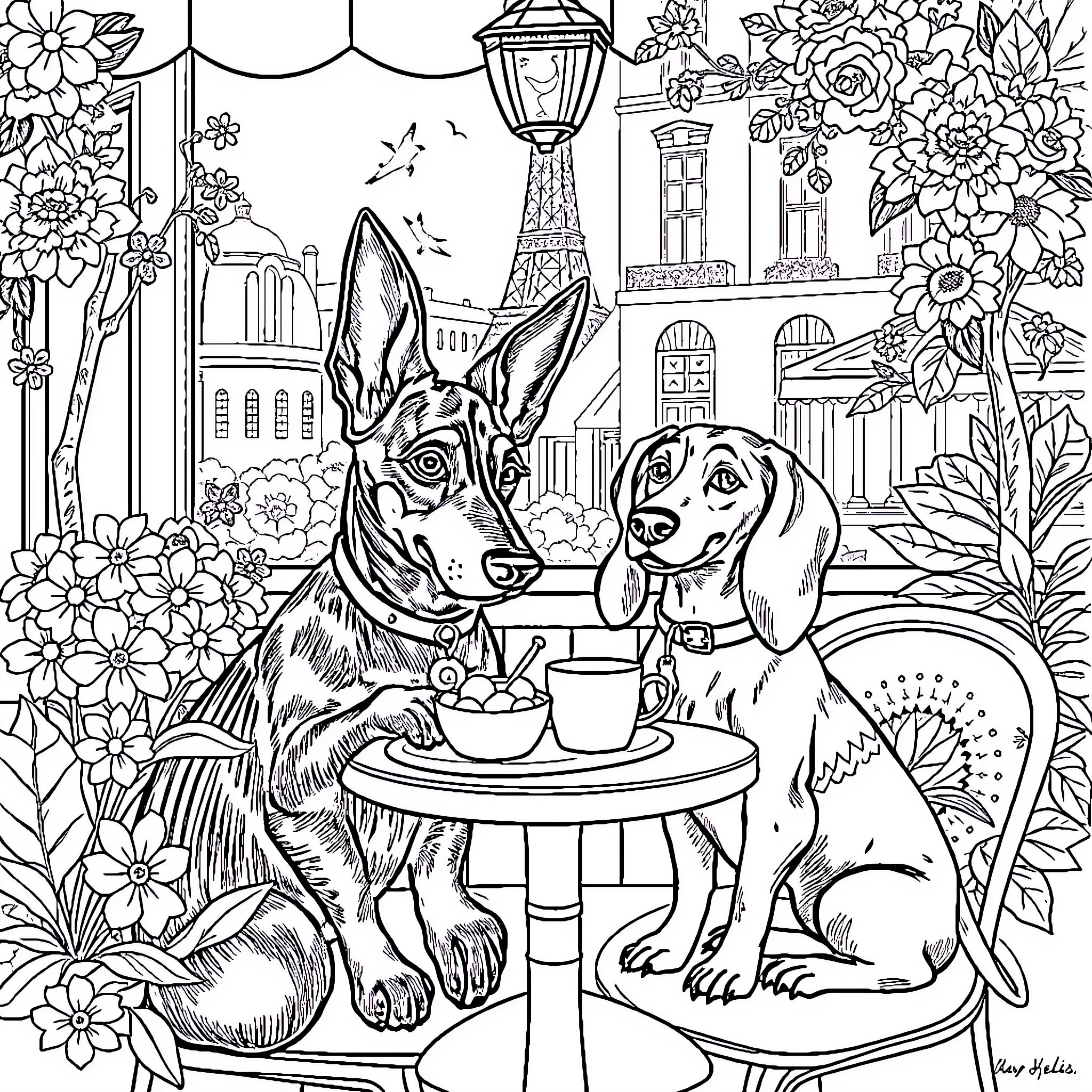 Yautja Companions in Floral Urban Landscape Coloring Page (free black-and-white line drawing printable PDF for all, from beginners to advanced learners, including children, teens, adults, and seniors)