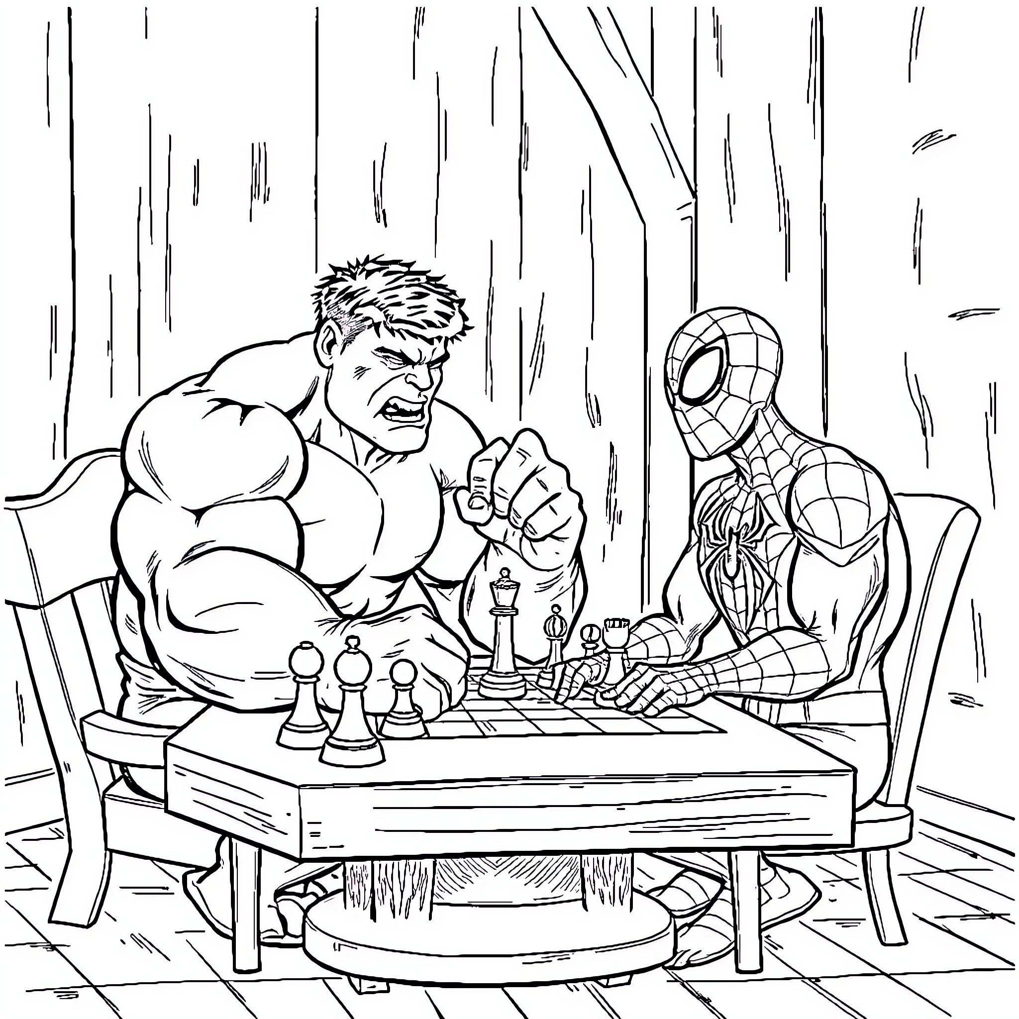 Hulk and Spider-Man playing chess in the forest Coloring Page (free black-and-white line drawing printable PDF for all, from beginners to advanced learners, including children, teens, adults, and seniors)