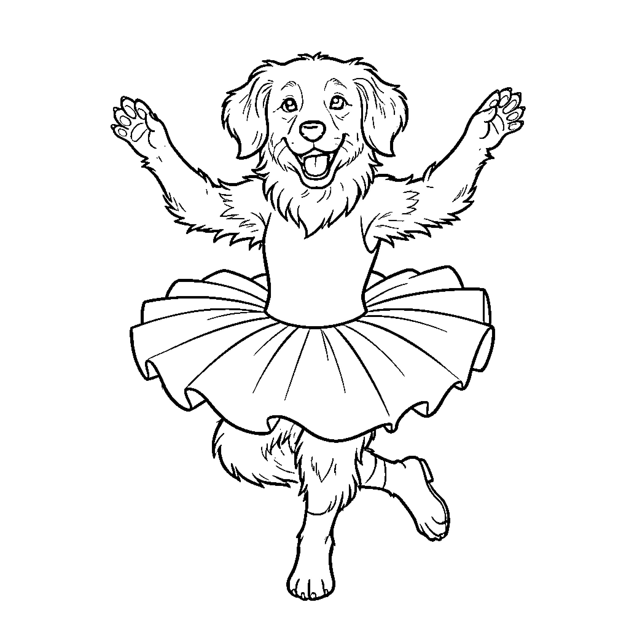 Setter wearing a tutu and dancing joyfully Coloring Page (free black-and-white line drawing printable PDF for all, from beginners to advanced learners, including children, teens, adults, and seniors)